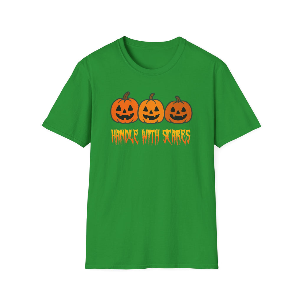 Halloween Graphic Tee, Unisex Softstyle T-Shirt, Handle With Scares Shirt, Festive Fall Apparel, Trick or Treat Gift, Spooky Season Top