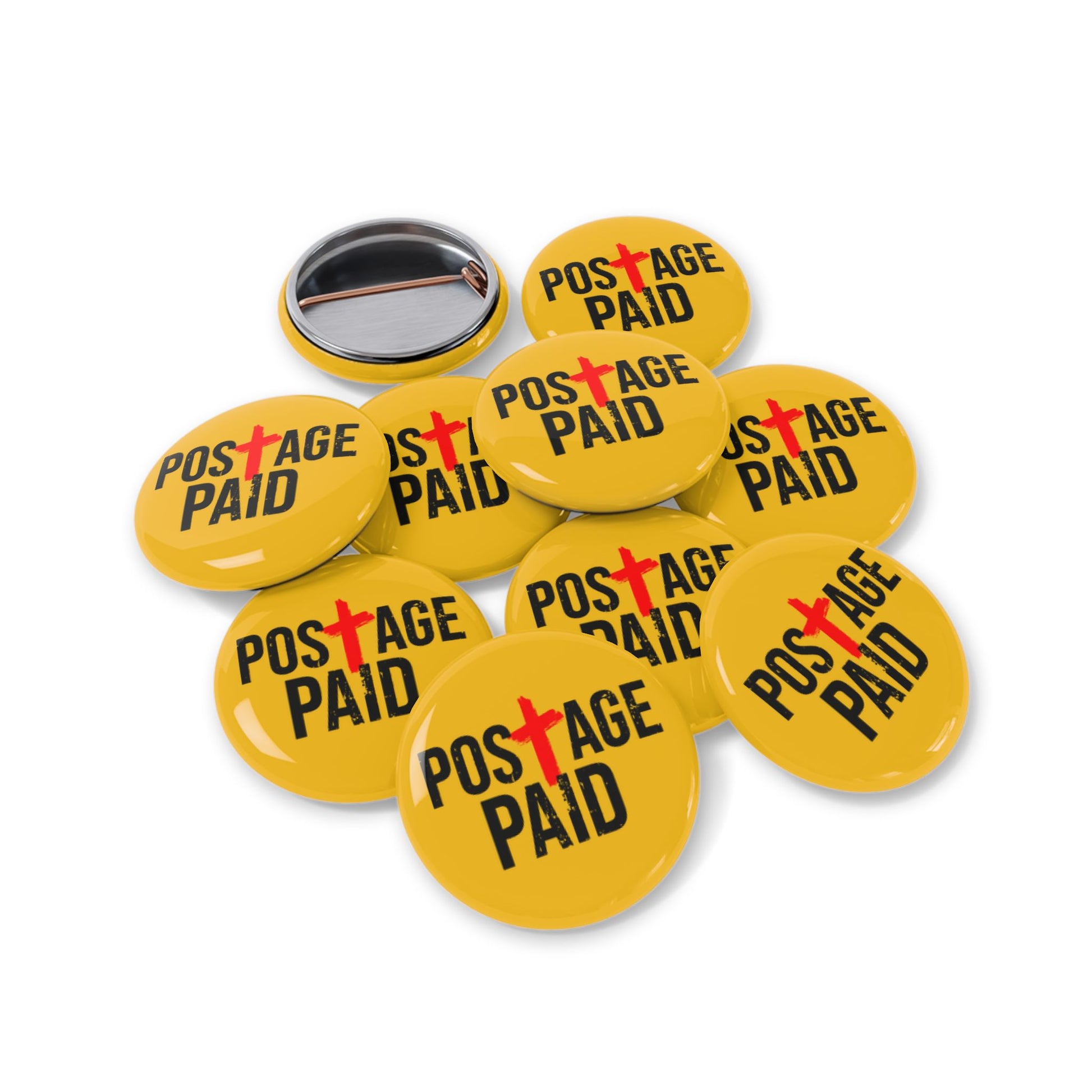 Round Pin Button — "Postage Paid" Yellow Badge with Red Cross (Religious/Christian Faith Pin)