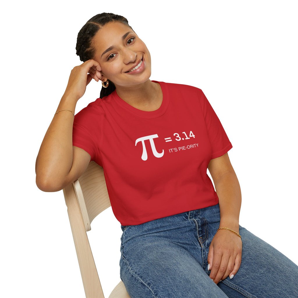 Pi = 3.14 "It's Pie-ority" Math T-Shirt — Funny Pi Day Tee for Teachers & Students