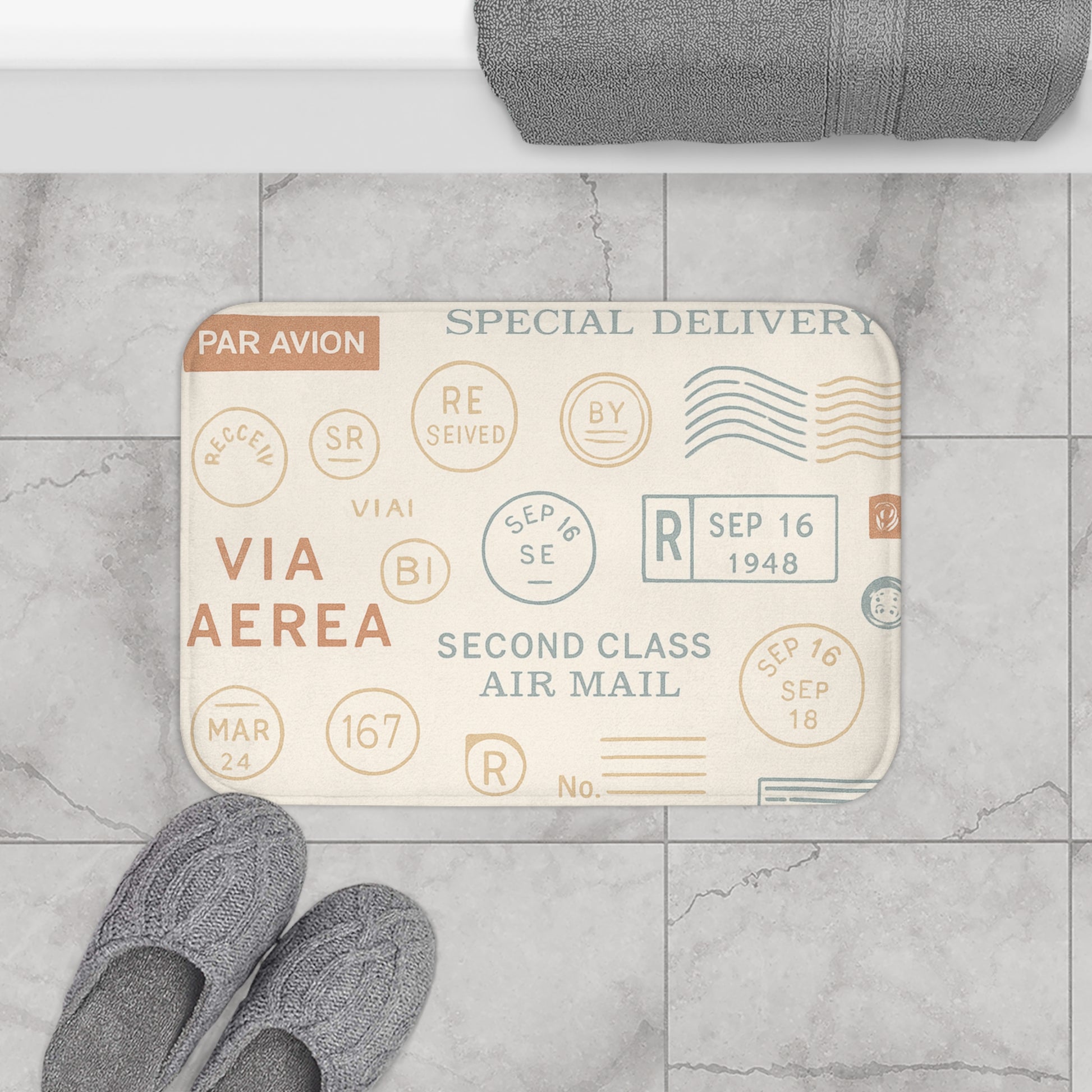 Vintage Postal Bath Mat with Air Mail Design, Retro Bathroom Decor, Cozy Home Accessory, Gift for Travelers, Unique Bath Decor