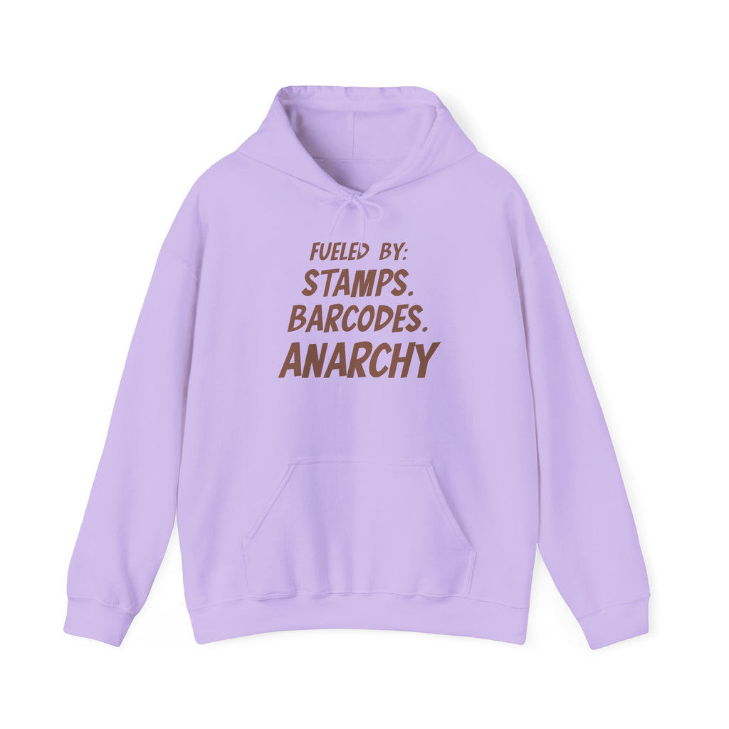 Anarchy Hoodie – “Fueled By: Stamps, Barcodes, Anarchy” Graphic Hoodie