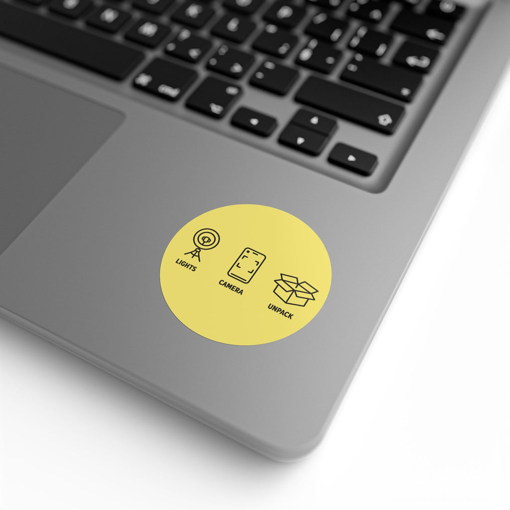 Funny Sticker Rolls — Yellow "Lights • Camera • Unpack" Packing Stickers for Etsy Sellers, Shopify Shops & Small Business Owners