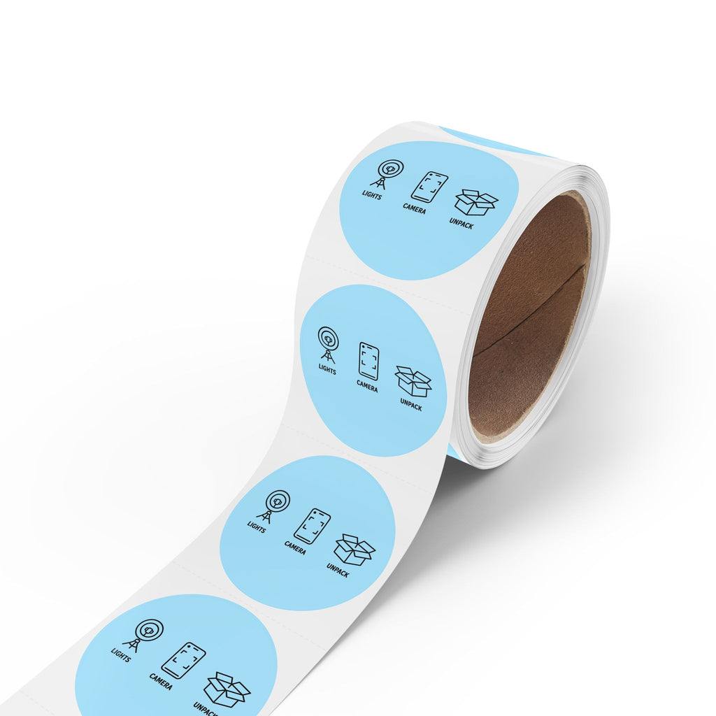 Round Sticker Labels — "Lights • Camera • Unpack" Packing & Unboxing Icon Roll for Etsy Sellers, Shopify Shop Owners & Small Business owners
