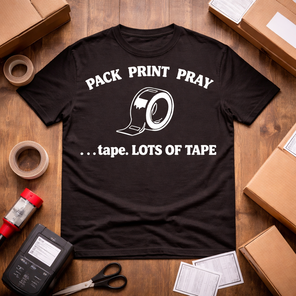 Pack Print Pray Shirt – Funny Shipping Tee for Small Business, Etsy Sellers & Fulfillment Workers