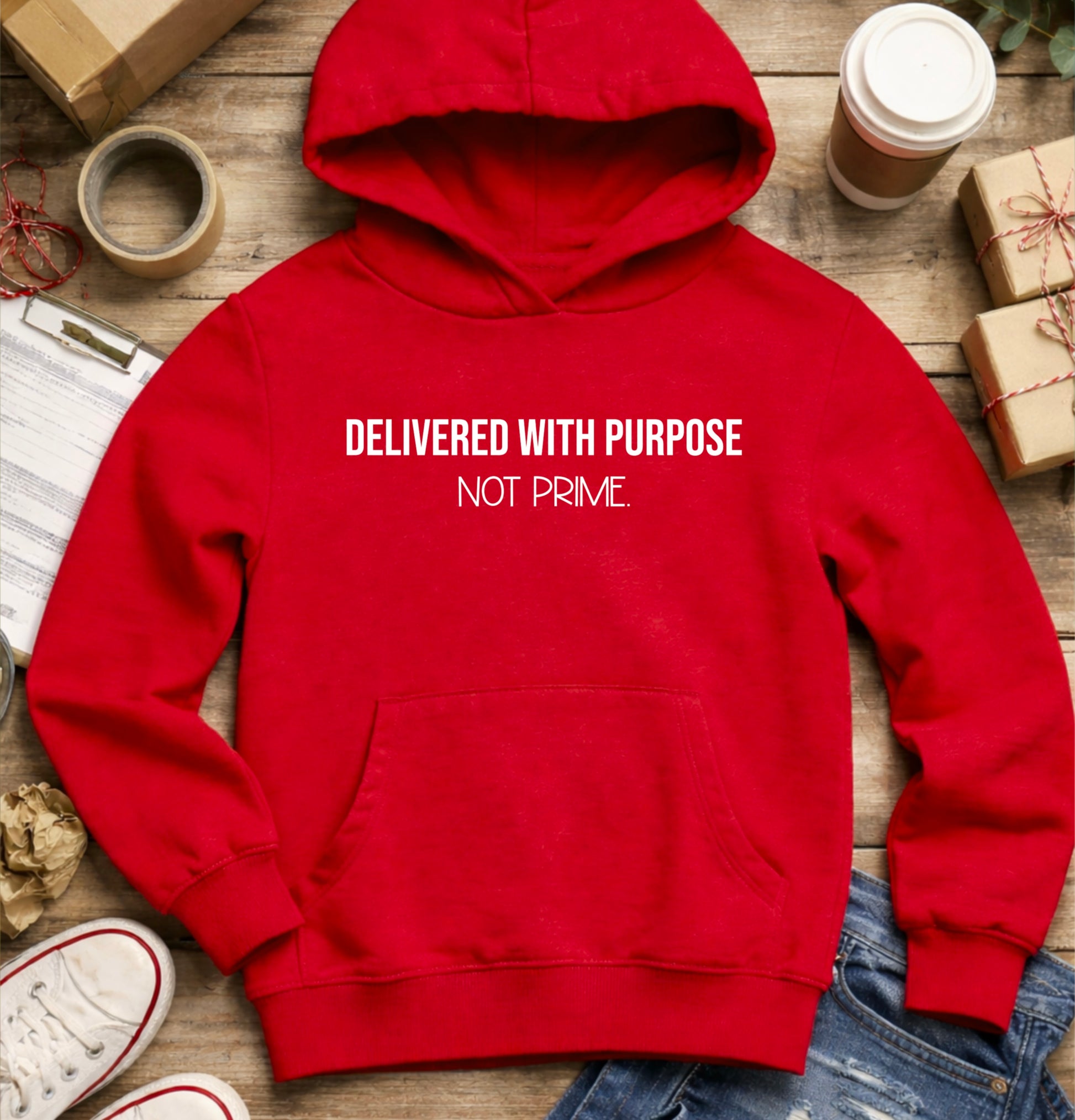 Delivered With Purpose Not Prime Hoodie | Faith Based Hoodie | Christian Shipping Humor Sweatshirt | Small Business Owner Gift | Motivational Hoodie