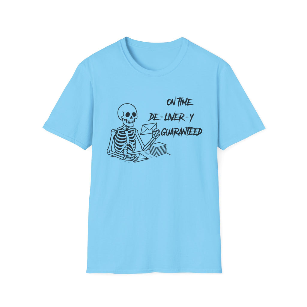 Skeleton On Time Delivery Tee, Funny Graphic Shirt, Halloween Costume Top, Gift for Delivery Drivers, Unisex T-Shirt