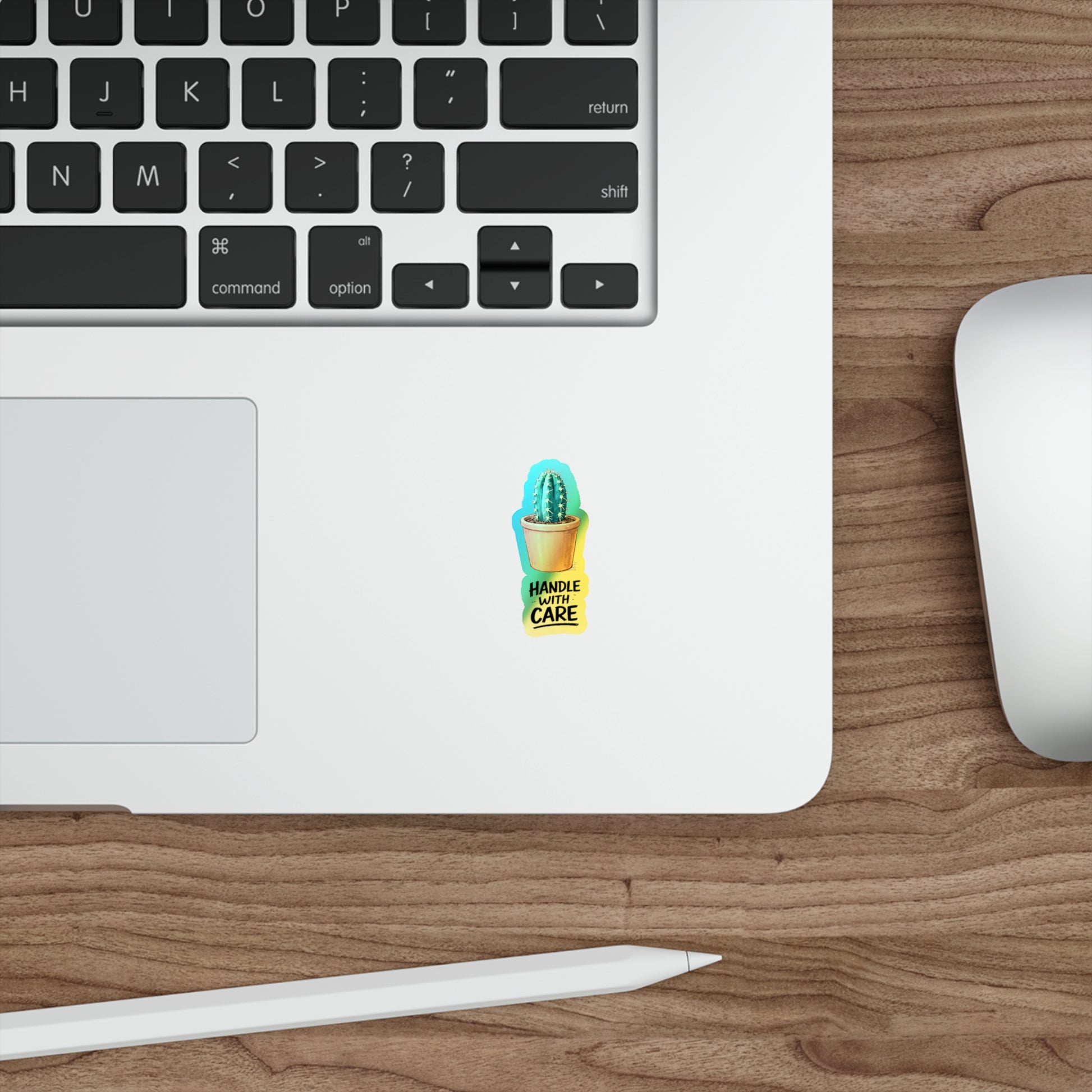 Holographic Cactus Sticker — 'Handle With Care' Die-Cut Waterproof Decal for Sticker Lovers, Small Business Package Inserts