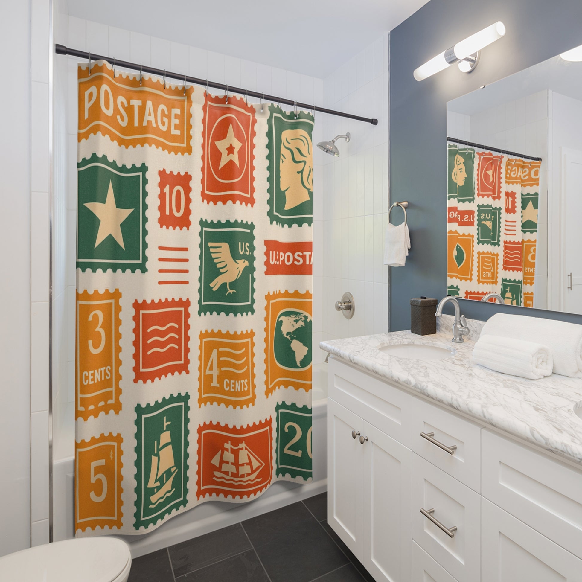 Vintage Stamp Shower Curtain, Retro Bathroom Decor, Unique Gift for Collectors, Home Improvement, Holiday Decor