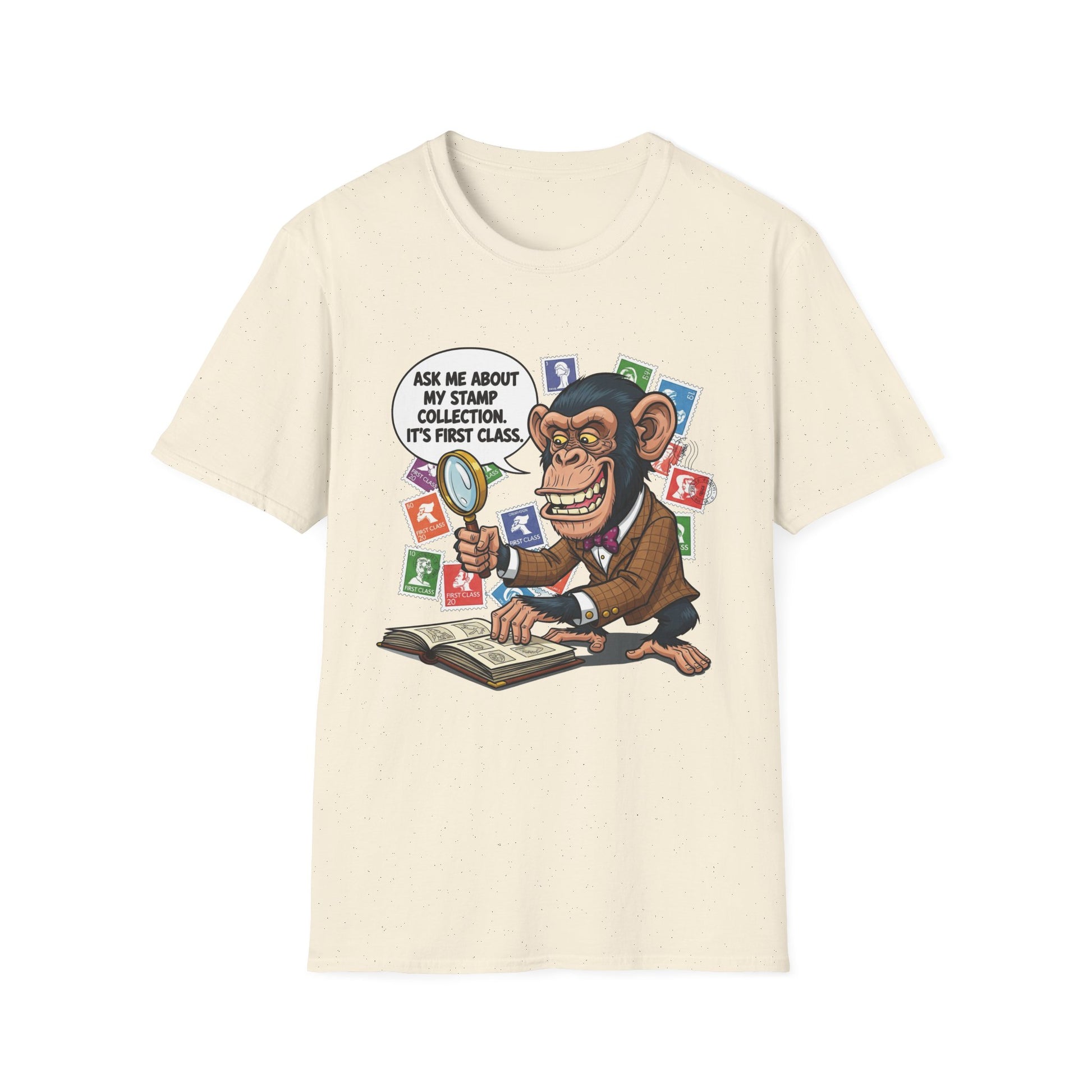Funny Monkey T-Shirt, Ask Me About My Stamp Collection Tee, Gift for Stamp Collectors, Animal Lover Shirt, Humor Apparel