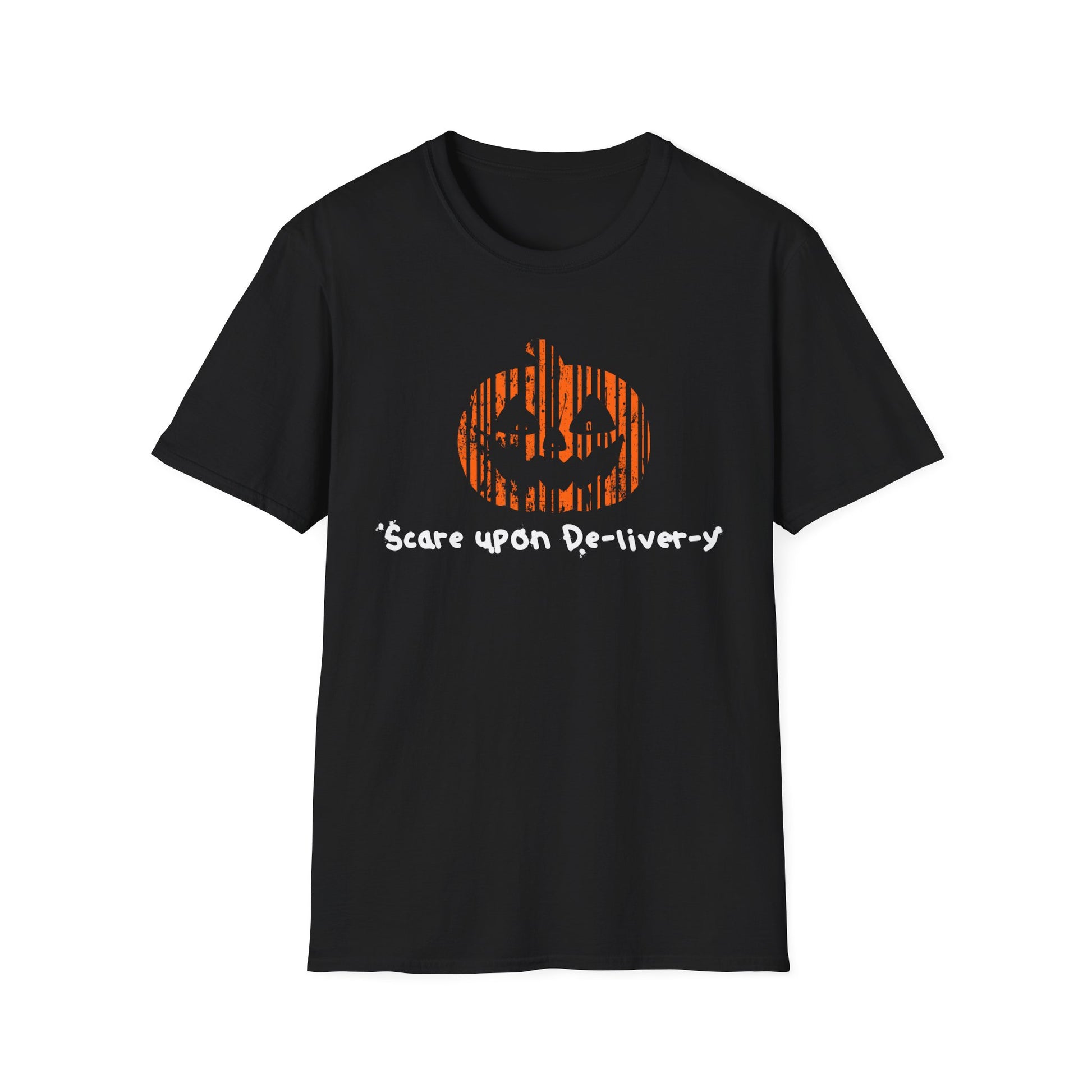 Halloween Pumpkin T-Shirt, Scare Upon De-liver-y Design, Unisex Softstyle Tee, Fun Postal Halloween Shirt, Spooky Season Apparel, Cute Pumpkin Design, Perfect for [...]