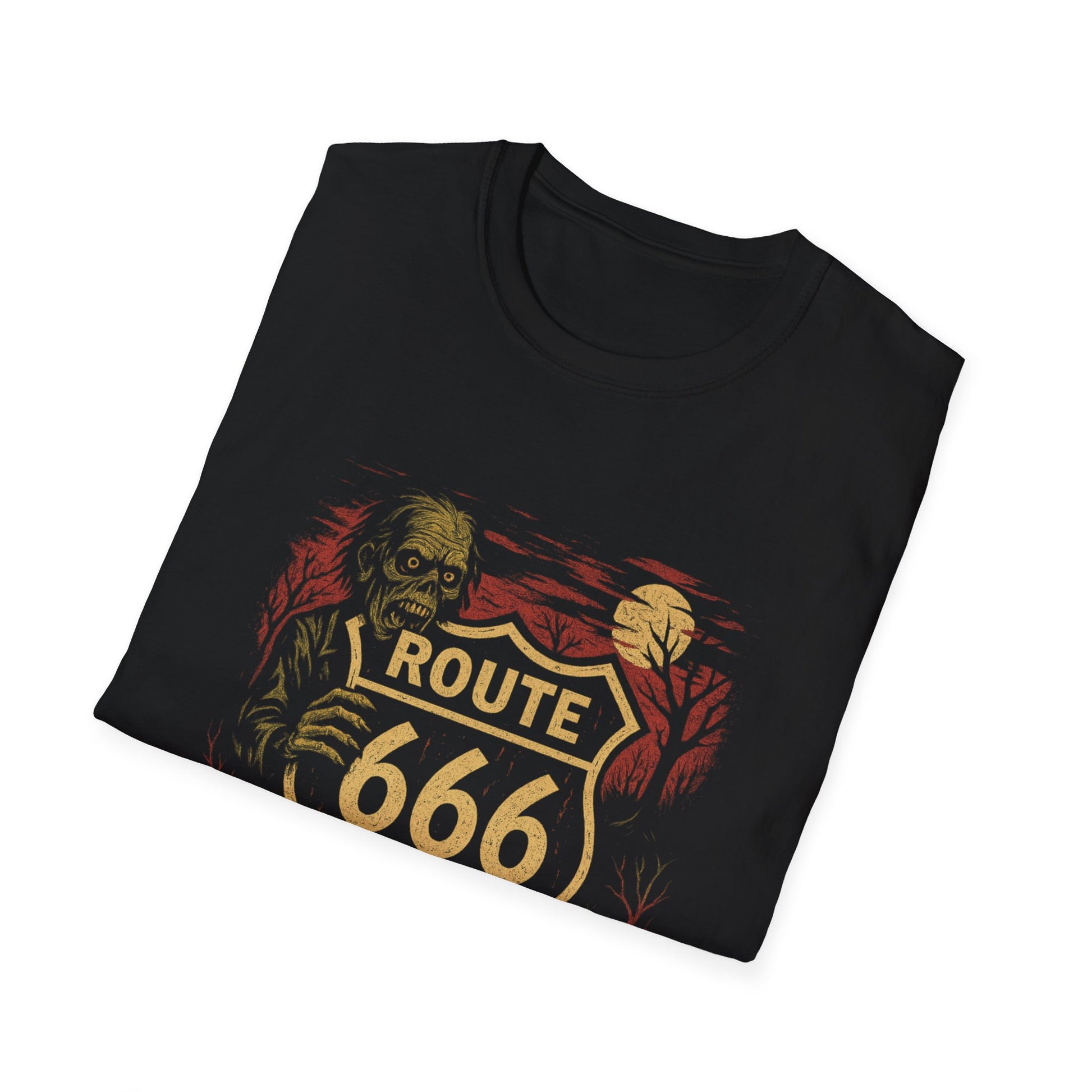 Retro Route 666 Graphic T-Shirt, Unisex Softstyle Tee, Perfect for Halloween, Road Trip, Spooky Vibes, Gift for Horror Fans