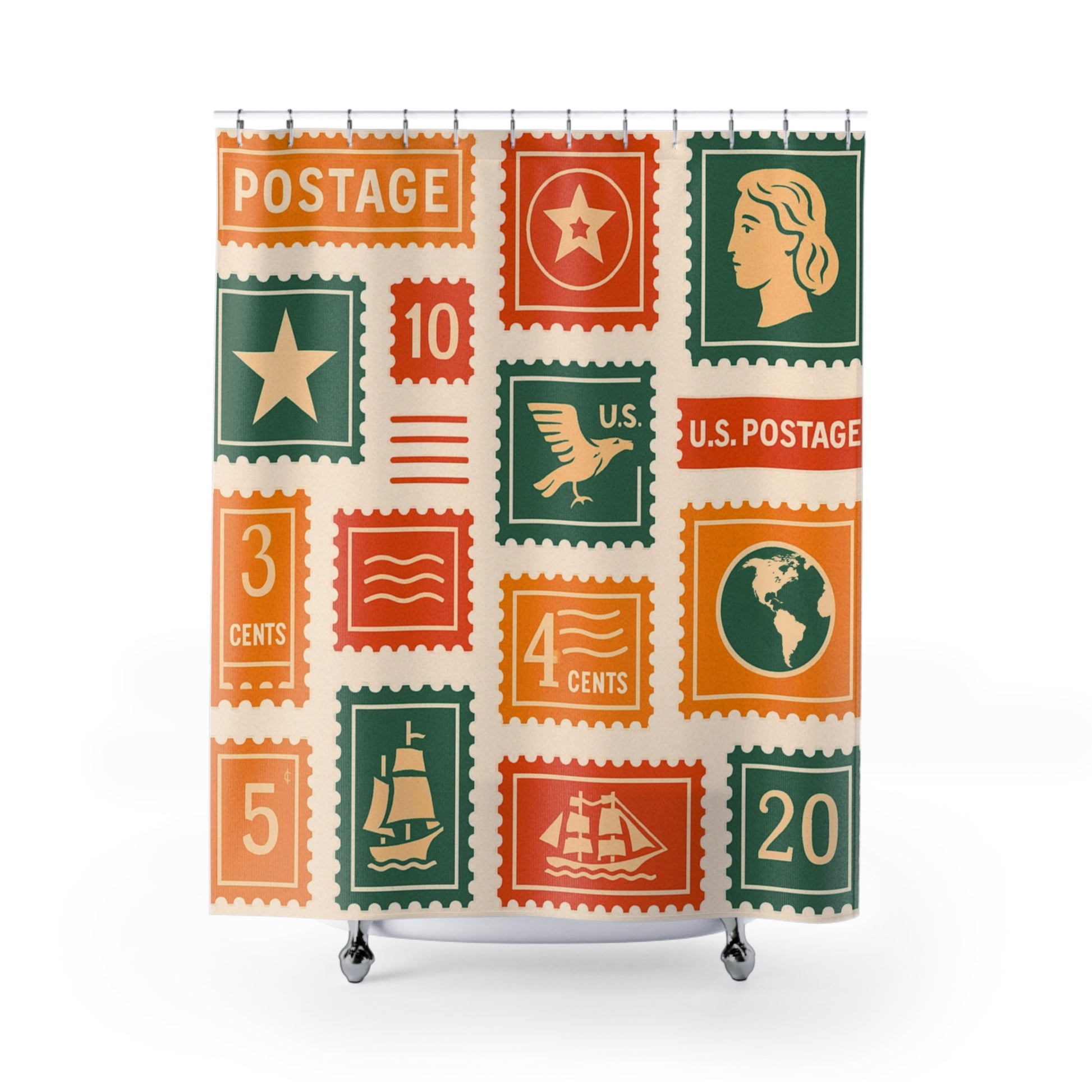 Vintage Stamp Shower Curtain, Retro Bathroom Decor, Unique Gift for Collectors, Home Improvement, Holiday Decor