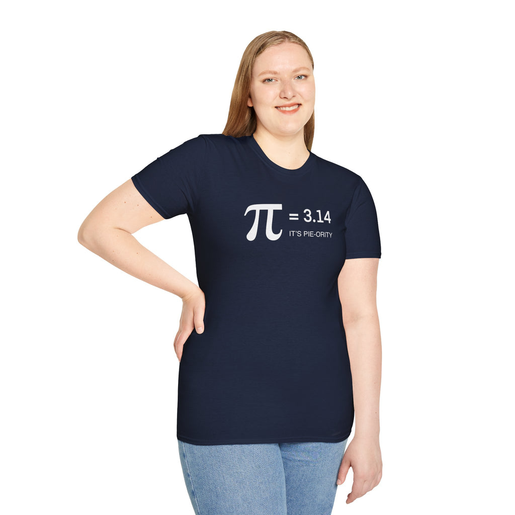Pi = 3.14 "It's Pie-ority" Math T-Shirt — Funny Pi Day Tee for Teachers & Students