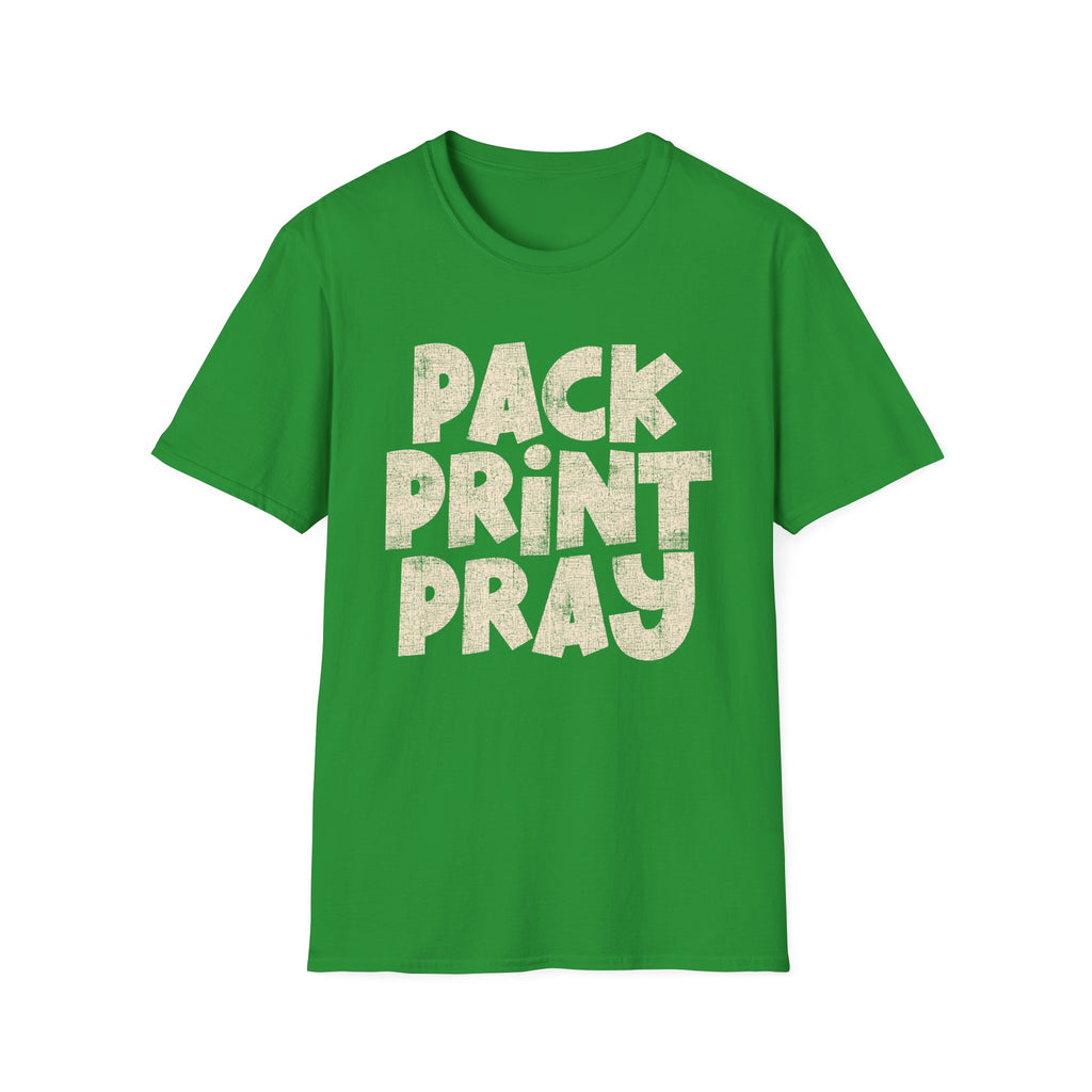 Pack Print Pray T-Shirt — Christian Graphic Tee for Church Volunteers & Printers