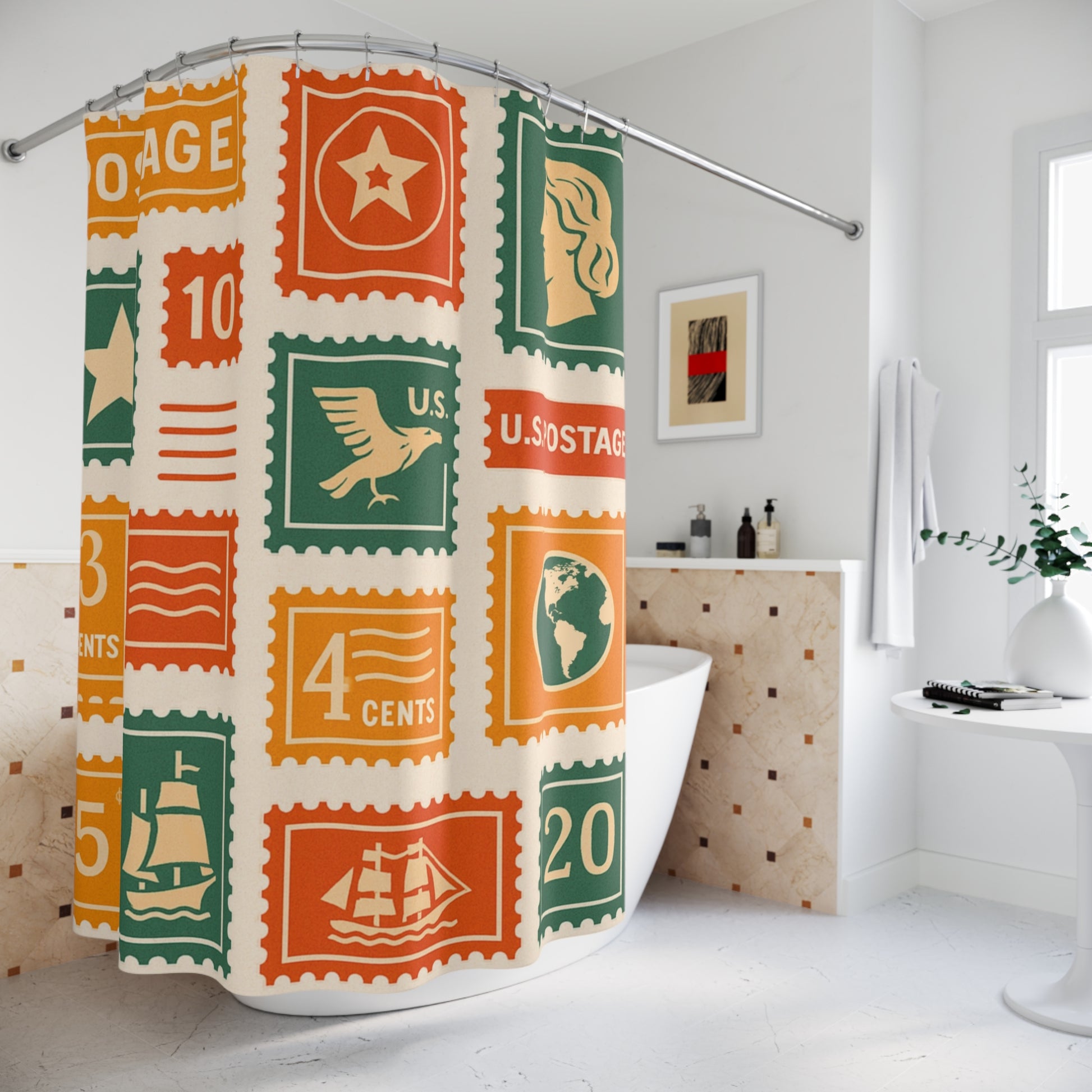 Vintage Stamp Shower Curtain, Retro Bathroom Decor, Unique Gift for Collectors, Home Improvement, Holiday Decor