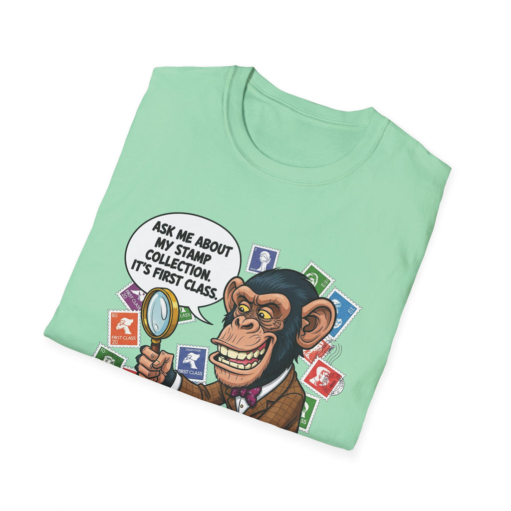 Funny Monkey T-Shirt, Ask Me About My Stamp Collection Tee, Gift for Stamp Collectors, Animal Lover Shirt, Humor Apparel