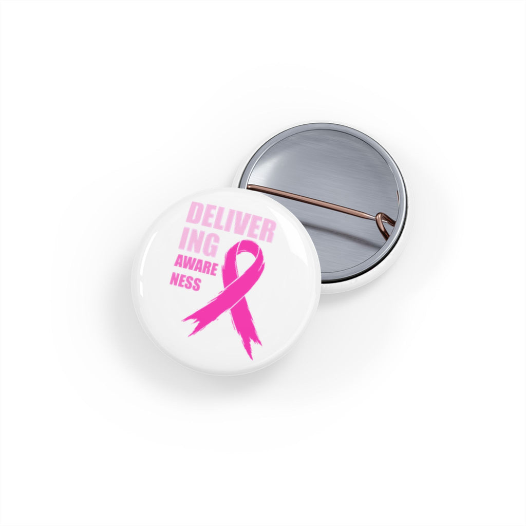 Breast Cancer Awareness Round Pin — "Delivering Awareness" Pink Ribbon Button
