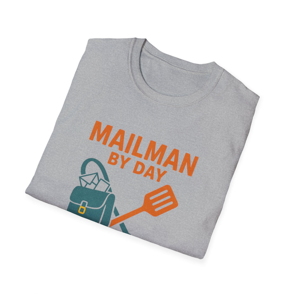 Mailman by Day, Grill Master by Night Unisex Softstyle T-Shirt, Gift for Dad, BBQ T-Shirt, Father's Day Gift, Funny Shirt
