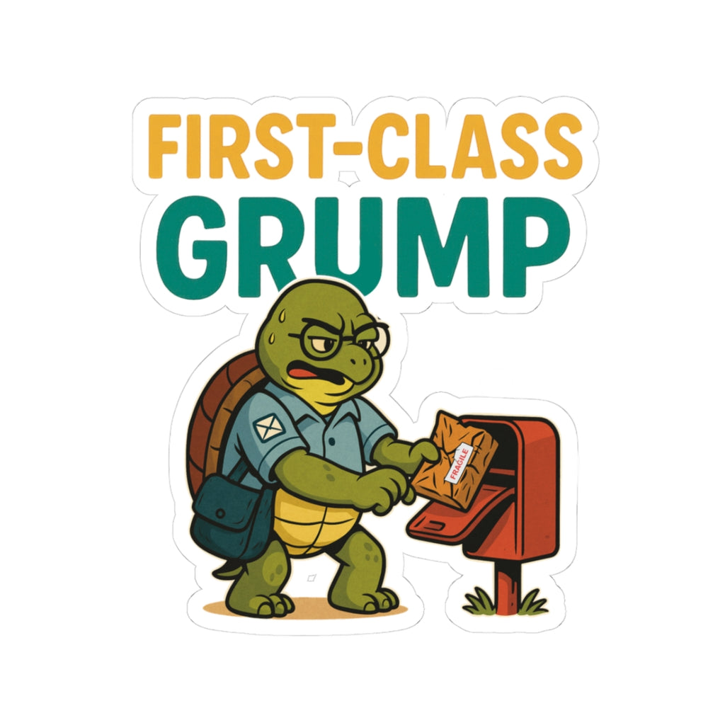 Funny Grumpy Turtle Stickers, Cute Laptop Decal, Quirky Gift for Mail Lovers, Humorous Office Decor, First-Class Grump
