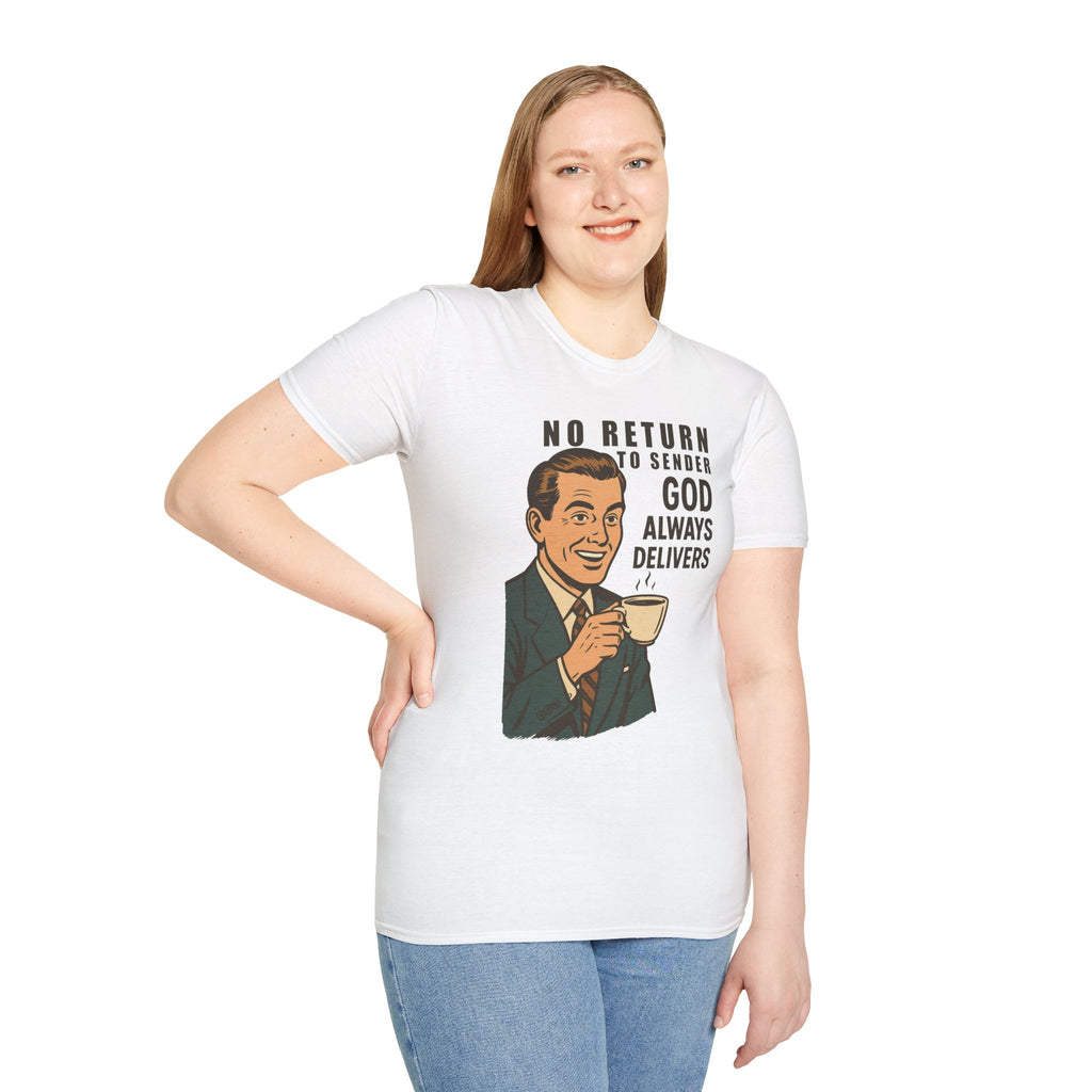 "No Return to Sender, God Always Delivers" - Unisex Softstyle Tee, Inspirational Gifts, Gifts For Postal Workers, Inspirational Gift Ideas