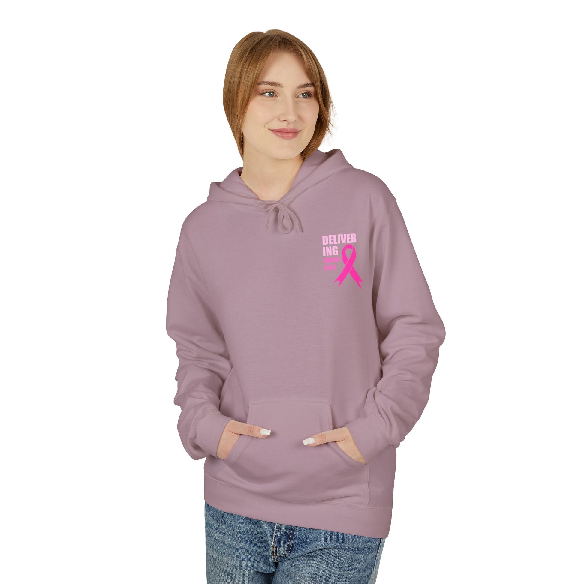 Breast Cancer Awareness Hoodie — Pink Ribbon "Delivering Awareness" Pullover Hoodie