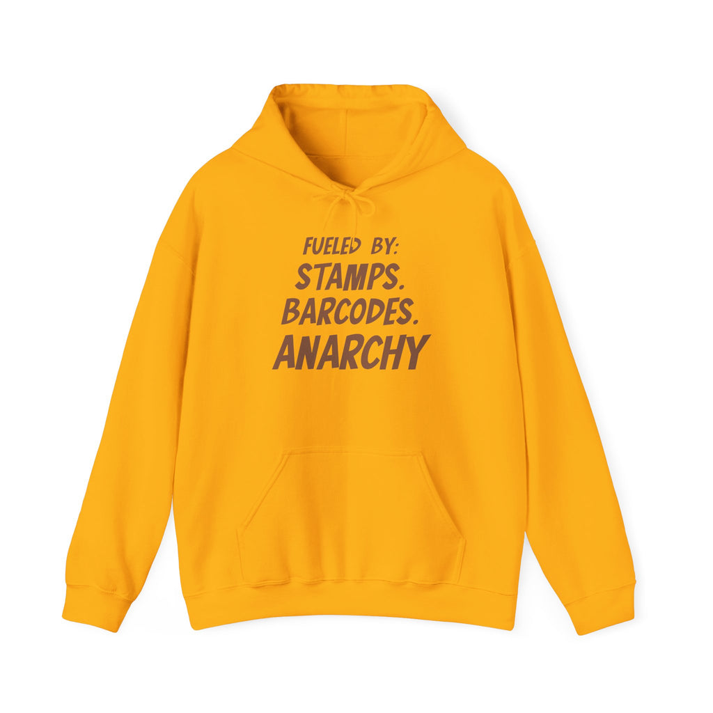 Anarchy Hoodie – “Fueled By: Stamps, Barcodes, Anarchy” Graphic Hoodie