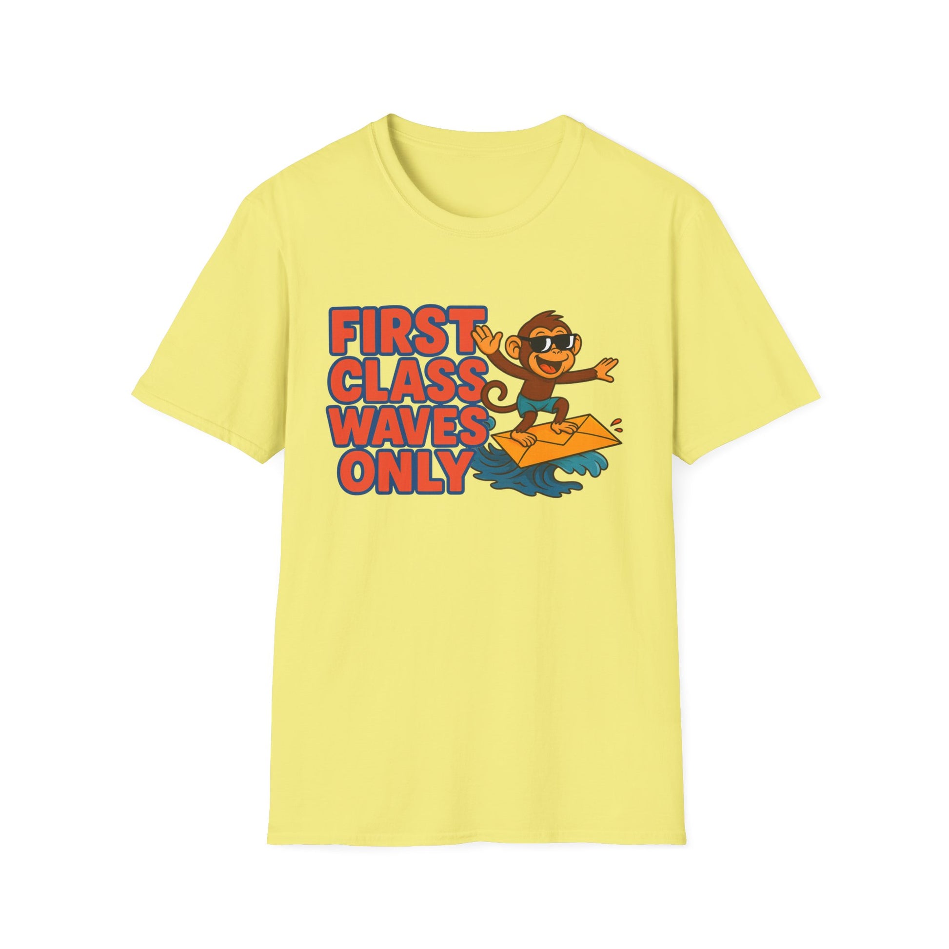 Unisex Softstyle T-Shirt - Beach Vibes, First Class Waves Only, Summer Attire, Surfing Gift, Casual Wear, Retro Tee