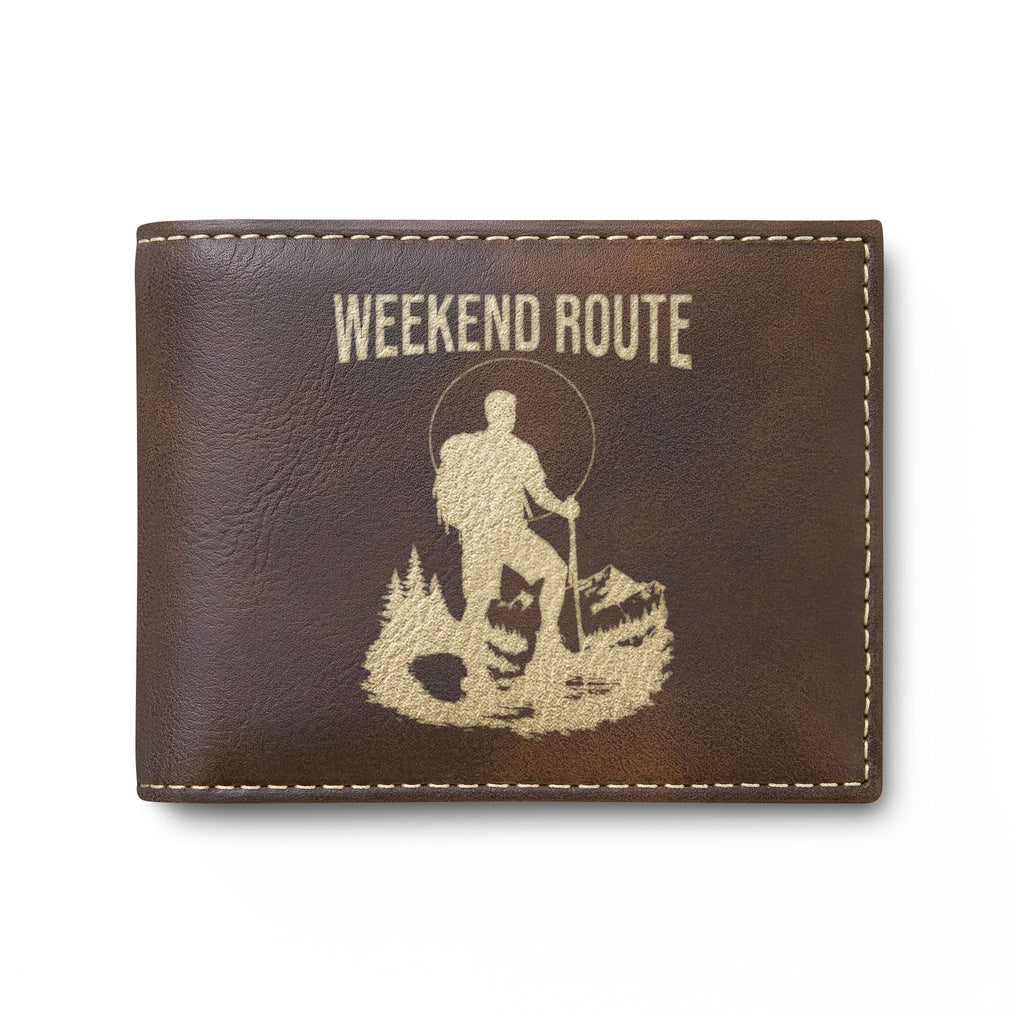 Weekend Route Bi-Fold Wallet — Hiker Silhouette Leather Card Wallet