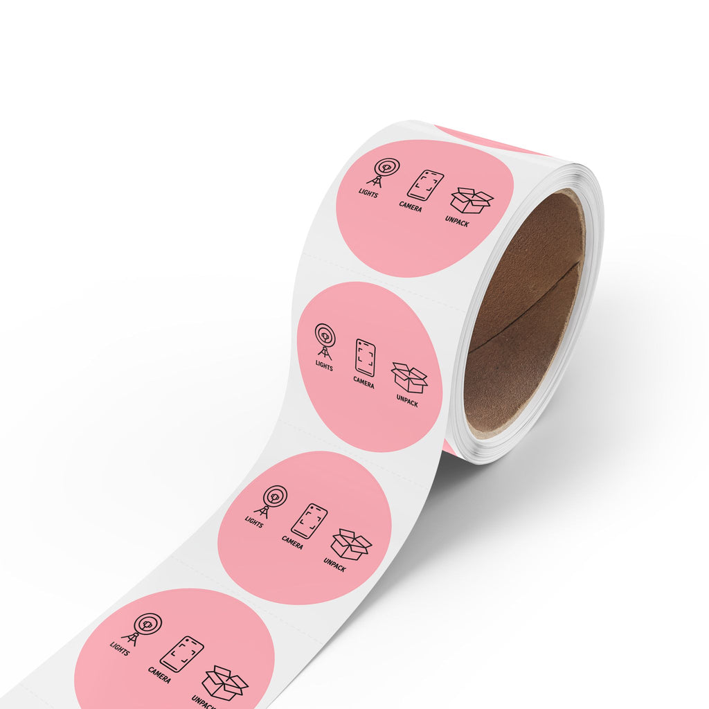 Round Sticker Labels – "Lights • Camera • Unpack" Packaging Seals (Roll) Perfect for Etsy Sellers, Shopify Shops & Small Business Owners