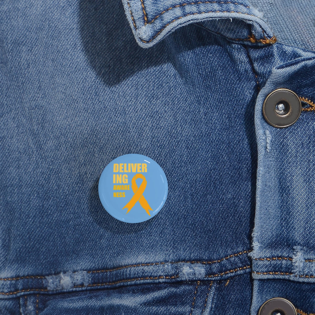 Childhood Cancer Awareness Ribbon Round Pin – "Delivering Awareness" Gold Ribbon Support Button