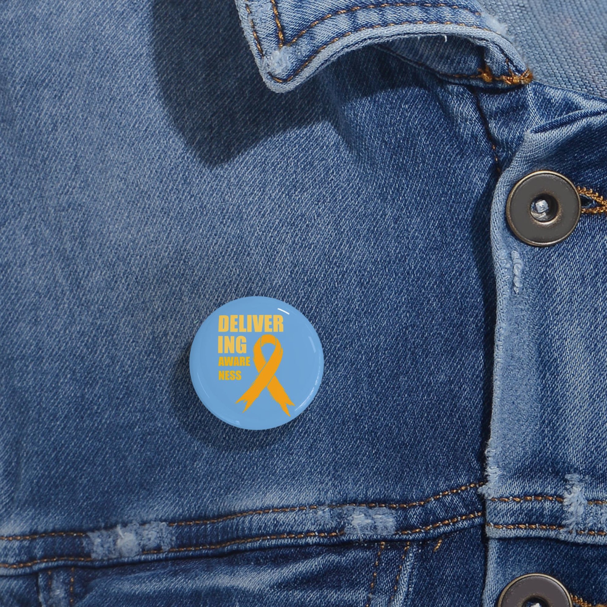 Childhood Cancer Awareness Ribbon Round Pin – "Delivering Awareness" Gold Ribbon Support Button