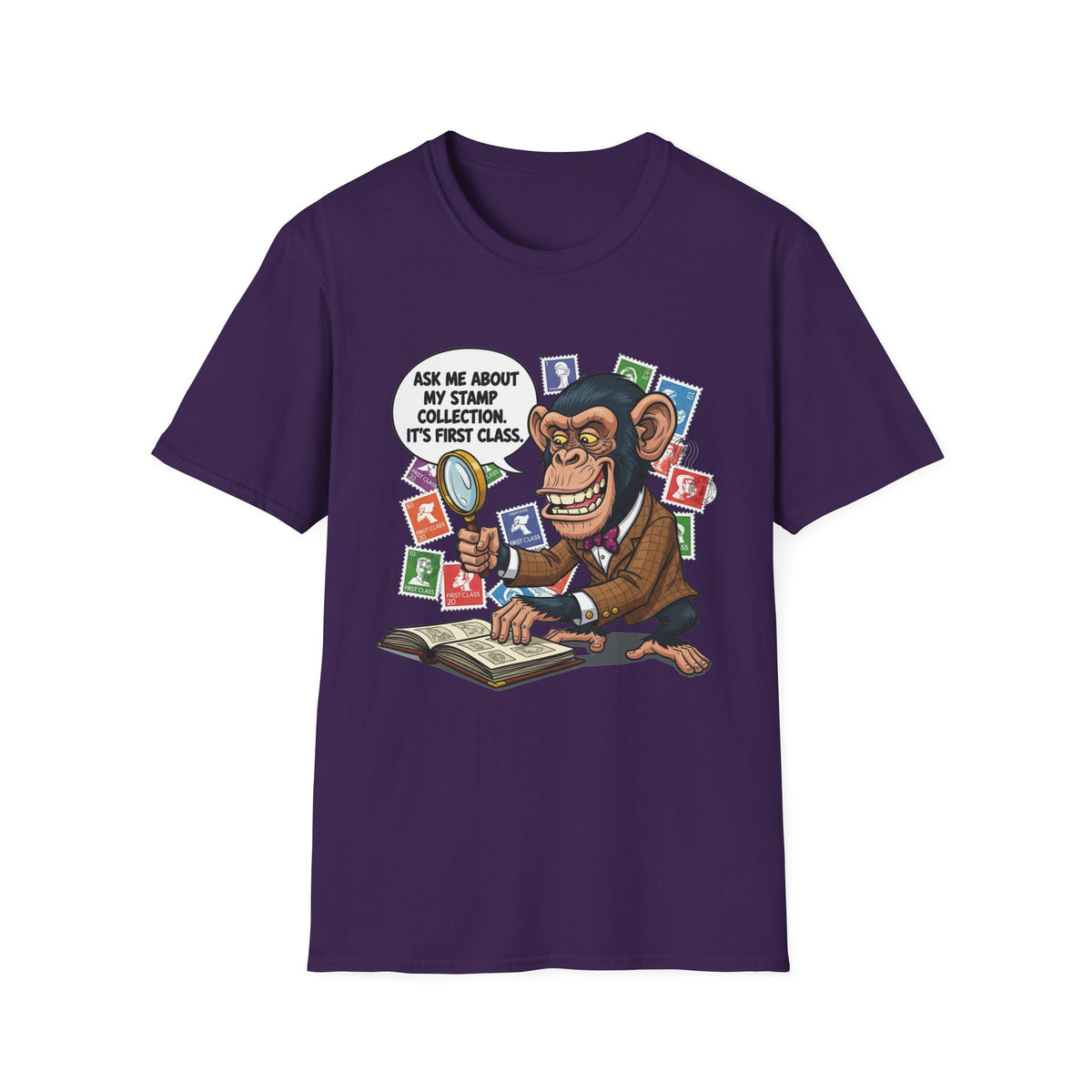 Funny Monkey T-Shirt, Ask Me About My Stamp Collection Tee, Gift for Stamp Collectors, Animal Lover Shirt, Humor Apparel