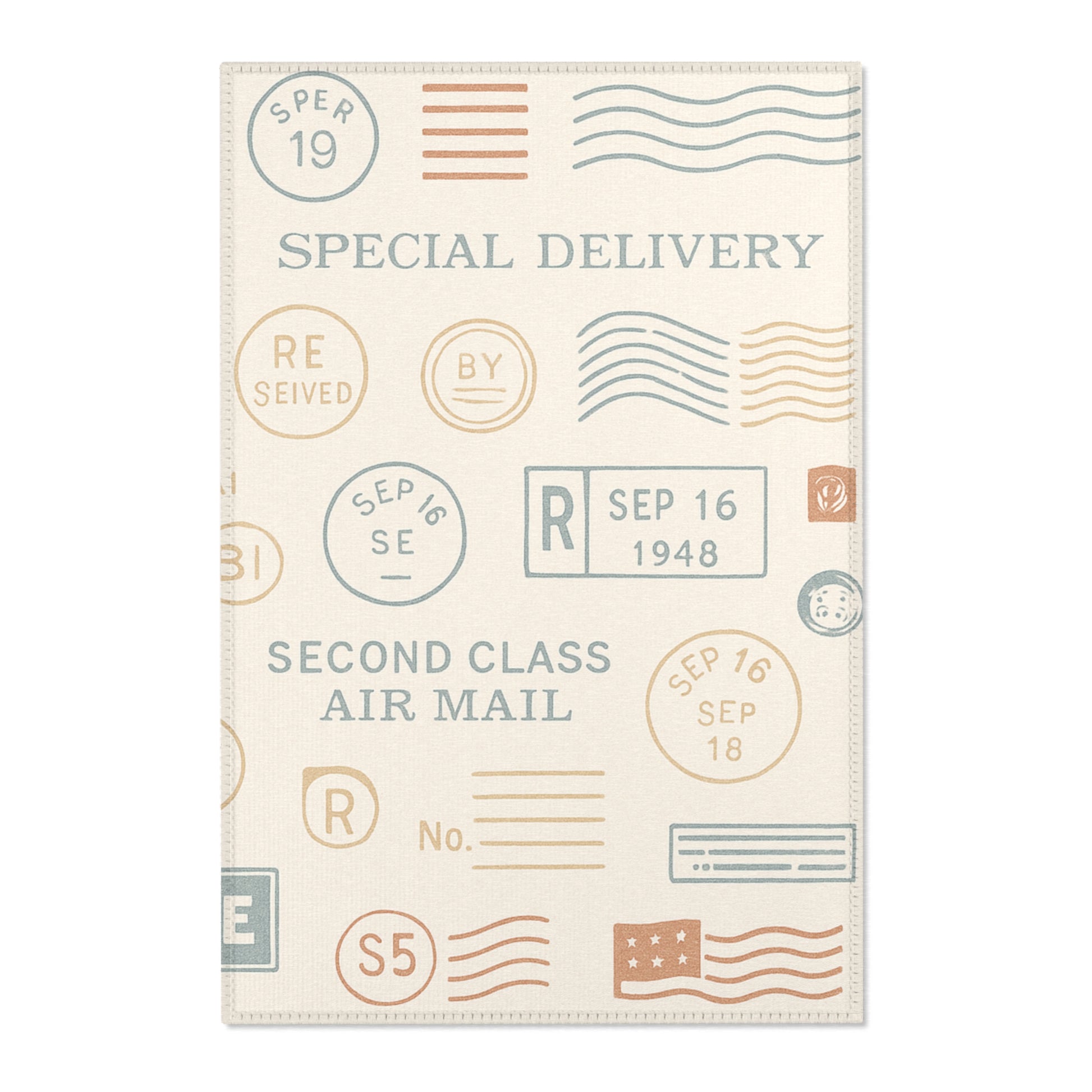 Vintage Postal Area Rug, Cozy Home Decor, Unique Gift for Postage Stamp Lovers, Living Room Accent, Airmail Design