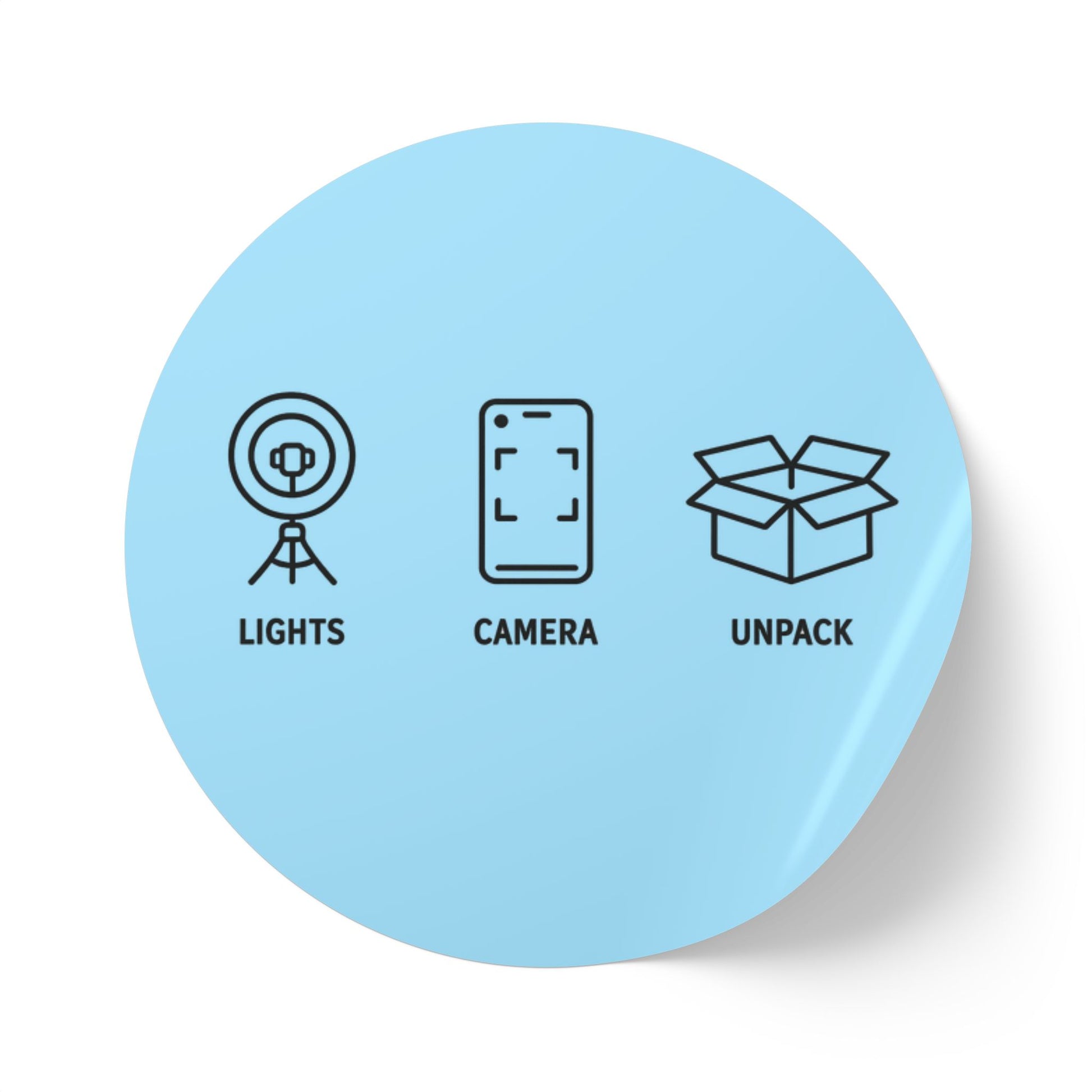 Round Sticker Labels — "Lights • Camera • Unpack" Packing & Unboxing Icon Roll for Etsy Sellers, Shopify Shop Owners & Small Business owners