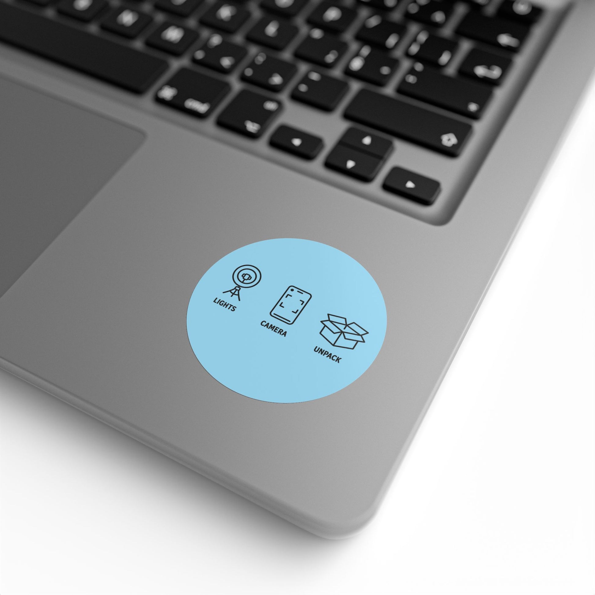 Round Sticker Labels — "Lights • Camera • Unpack" Packing & Unboxing Icon Roll for Etsy Sellers, Shopify Shop Owners & Small Business owners