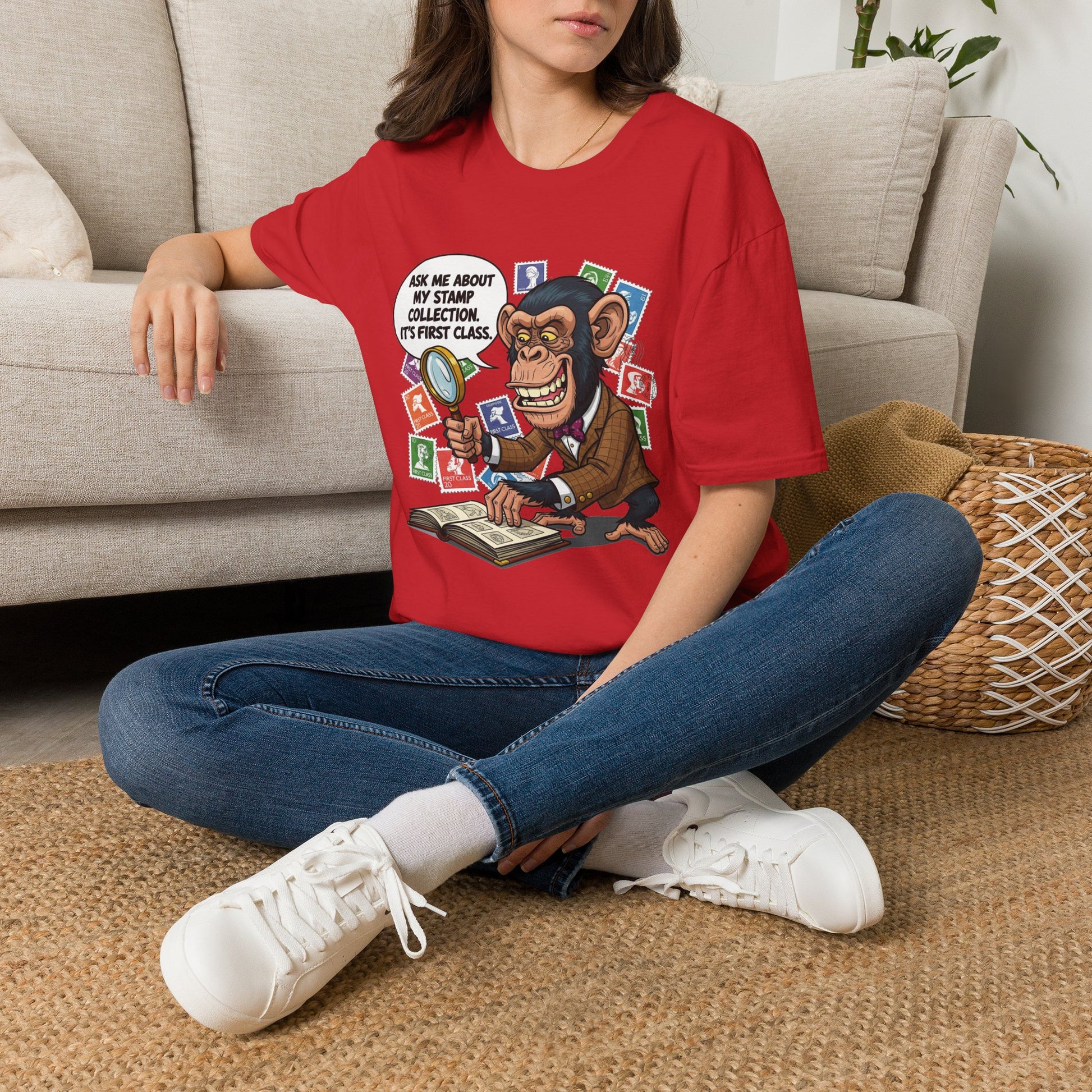 Funny Monkey T-Shirt, Ask Me About My Stamp Collection Tee, Gift for Stamp Collectors, Animal Lover Shirt, Humor Apparel