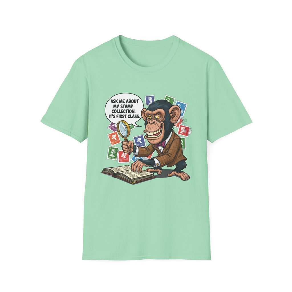 Funny Monkey T-Shirt, Ask Me About My Stamp Collection Tee, Gift for Stamp Collectors, Animal Lover Shirt, Humor Apparel