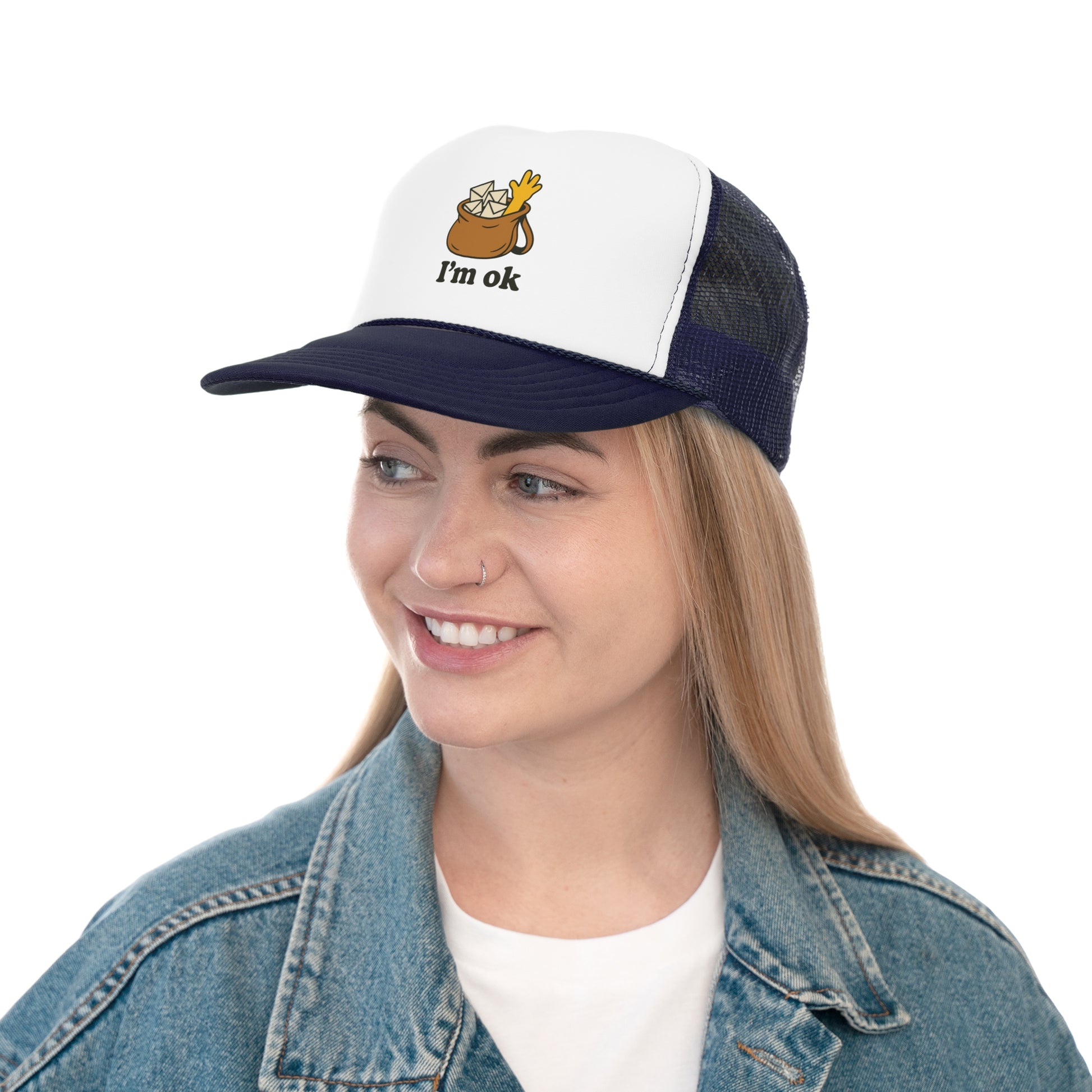 Fun Cartoon Trucker Cap, I'm OK Hat, Quirky Gift for Friends, Adjustable Mesh Hat, Casual Summer Accessory