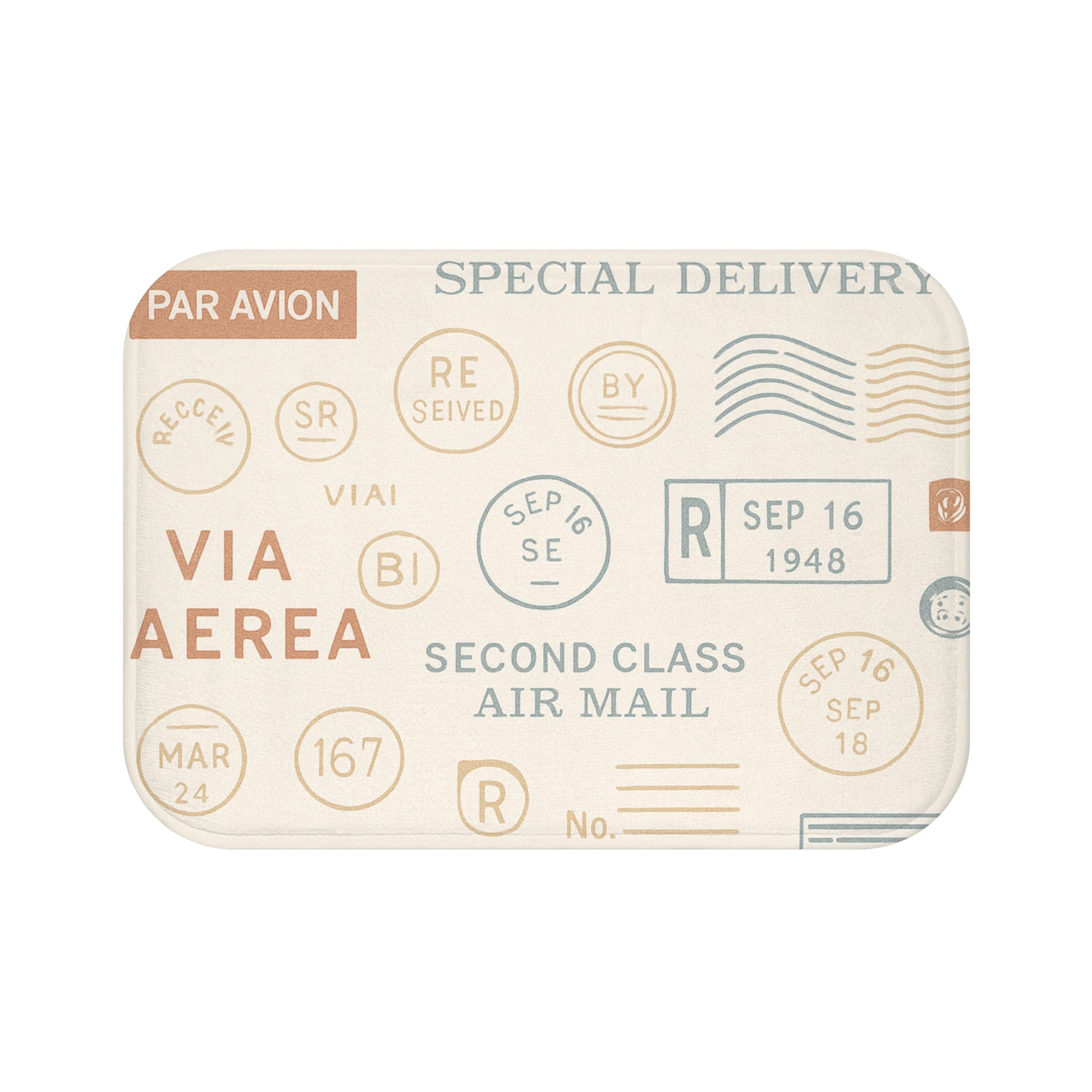 Vintage Postal Bath Mat with Air Mail Design, Retro Bathroom Decor, Cozy Home Accessory, Gift for Travelers, Unique Bath Decor