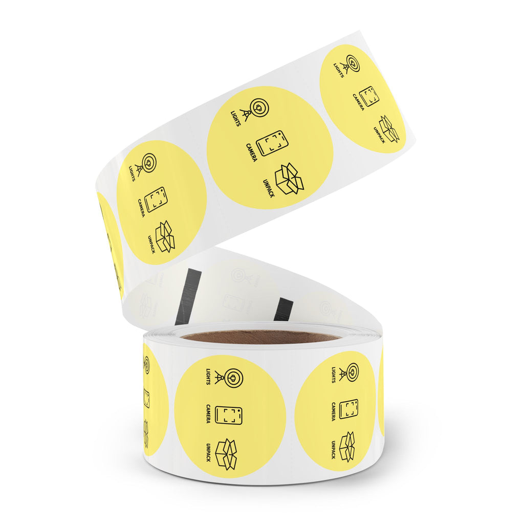 Funny Sticker Rolls — Yellow "Lights • Camera • Unpack" Packing Stickers for Etsy Sellers, Shopify Shops & Small Business Owners
