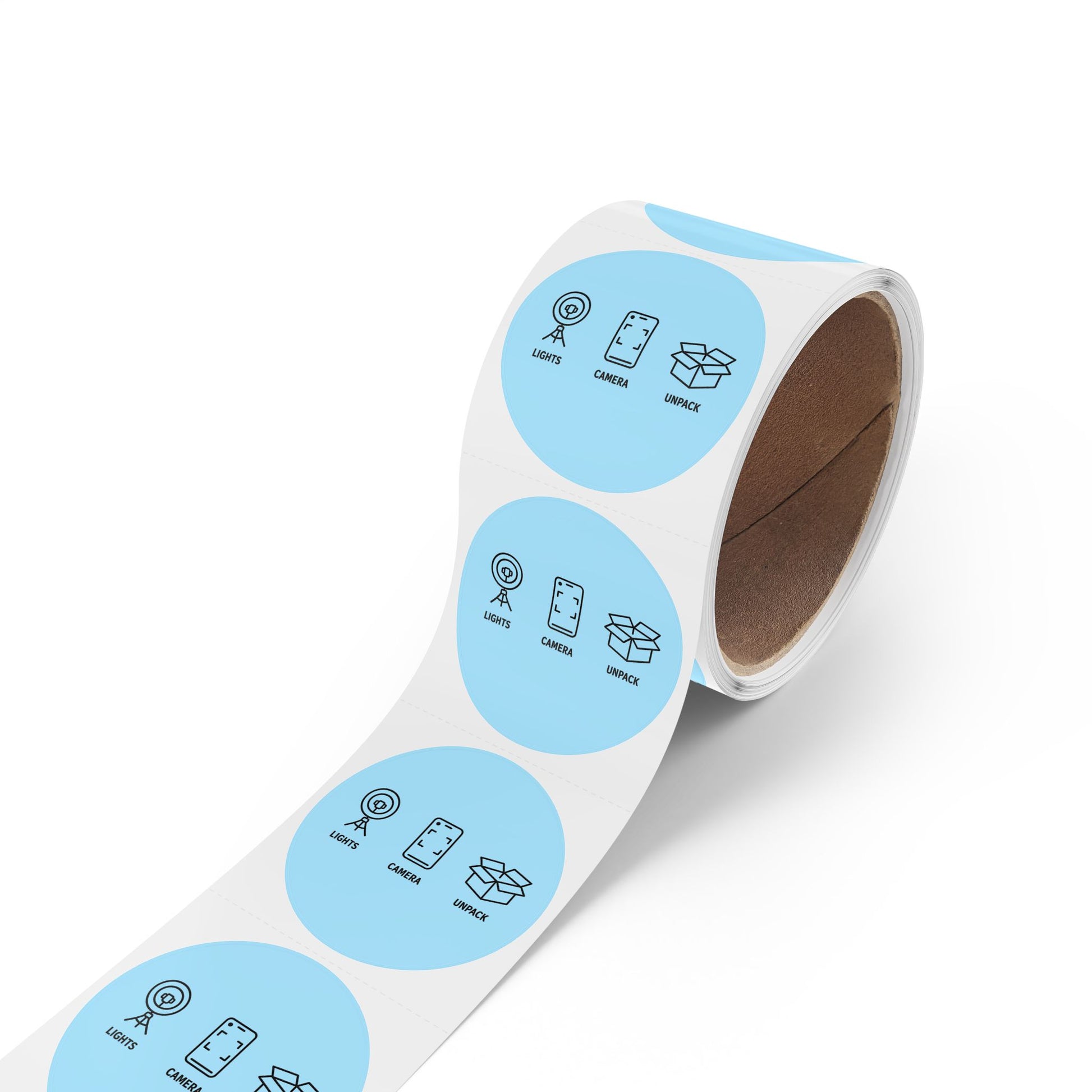 Round Sticker Labels — "Lights • Camera • Unpack" Packing & Unboxing Icon Roll for Etsy Sellers, Shopify Shop Owners & Small Business owners