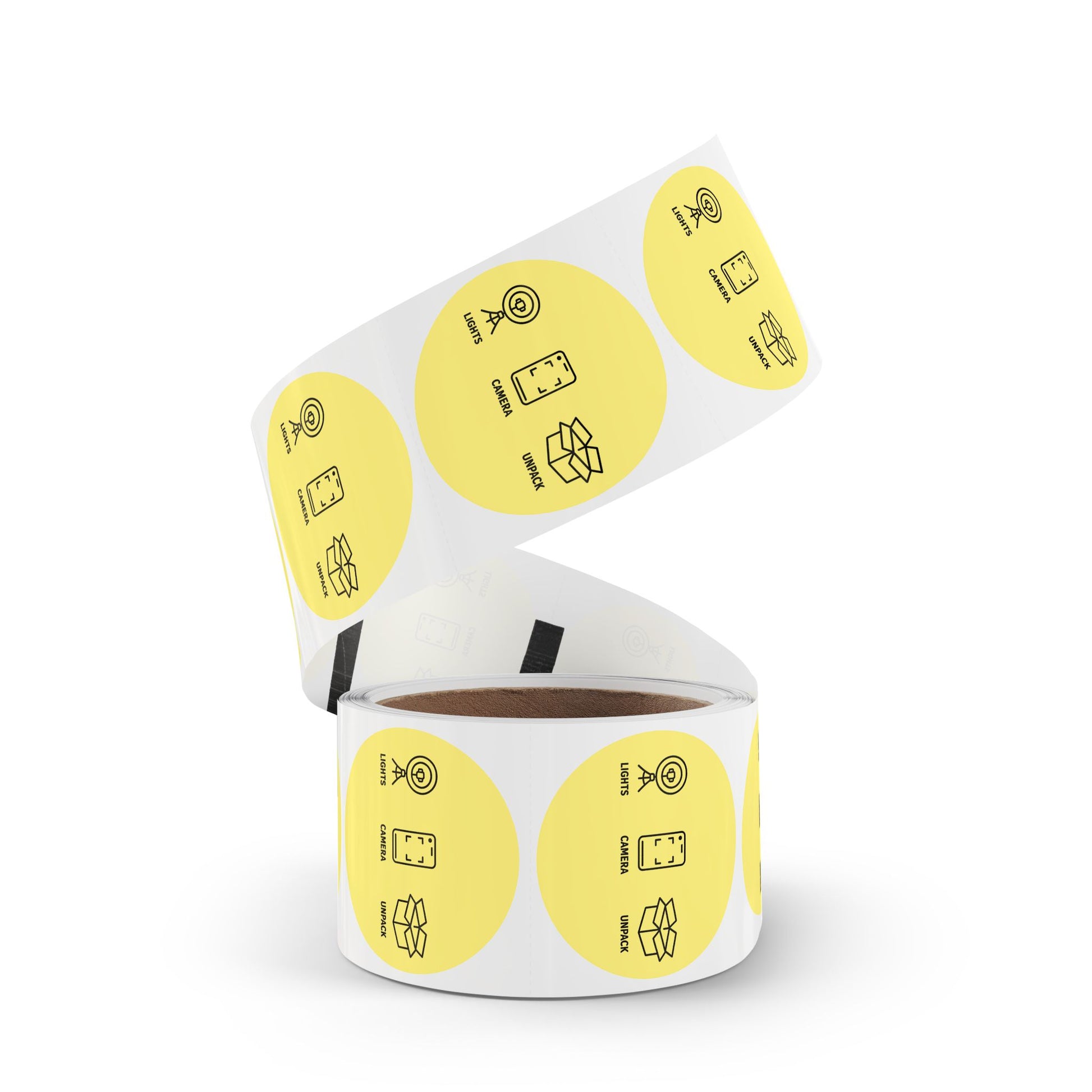 Funny Sticker Rolls — Yellow "Lights • Camera • Unpack" Packing Stickers for Etsy Sellers, Shopify Shops & Small Business Owners