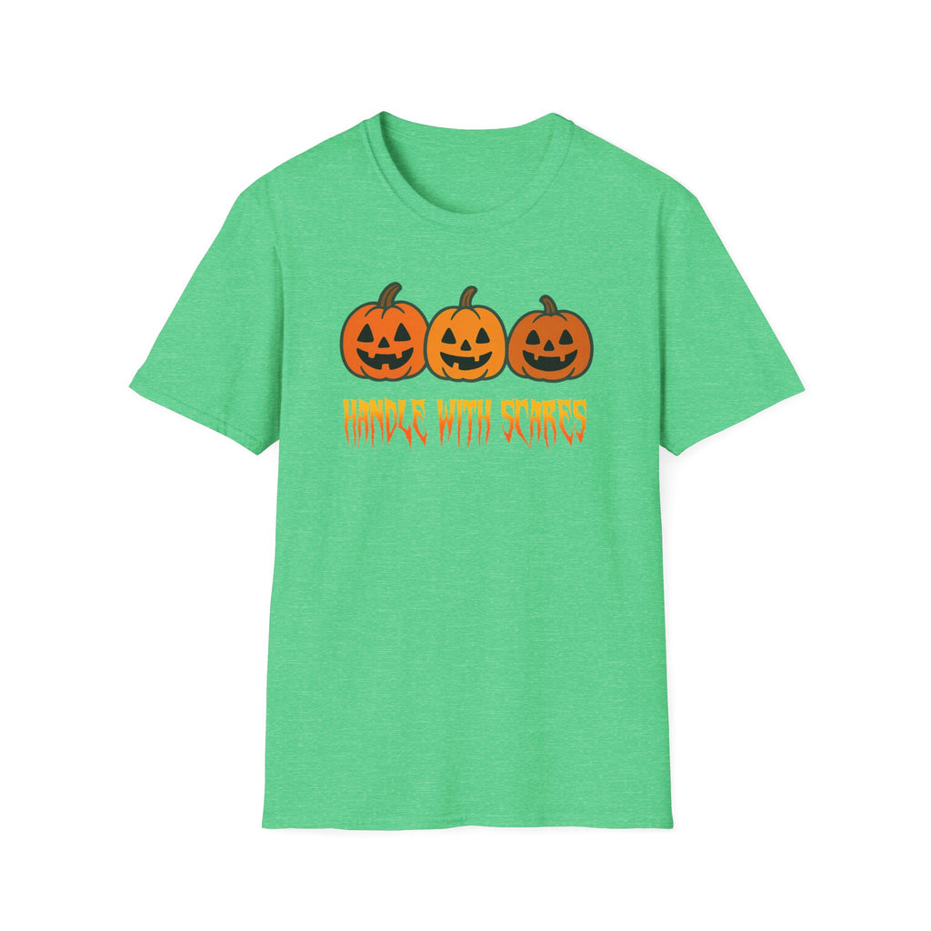 Halloween Graphic Tee, Unisex Softstyle T-Shirt, Handle With Scares Shirt, Festive Fall Apparel, Trick or Treat Gift, Spooky Season Top