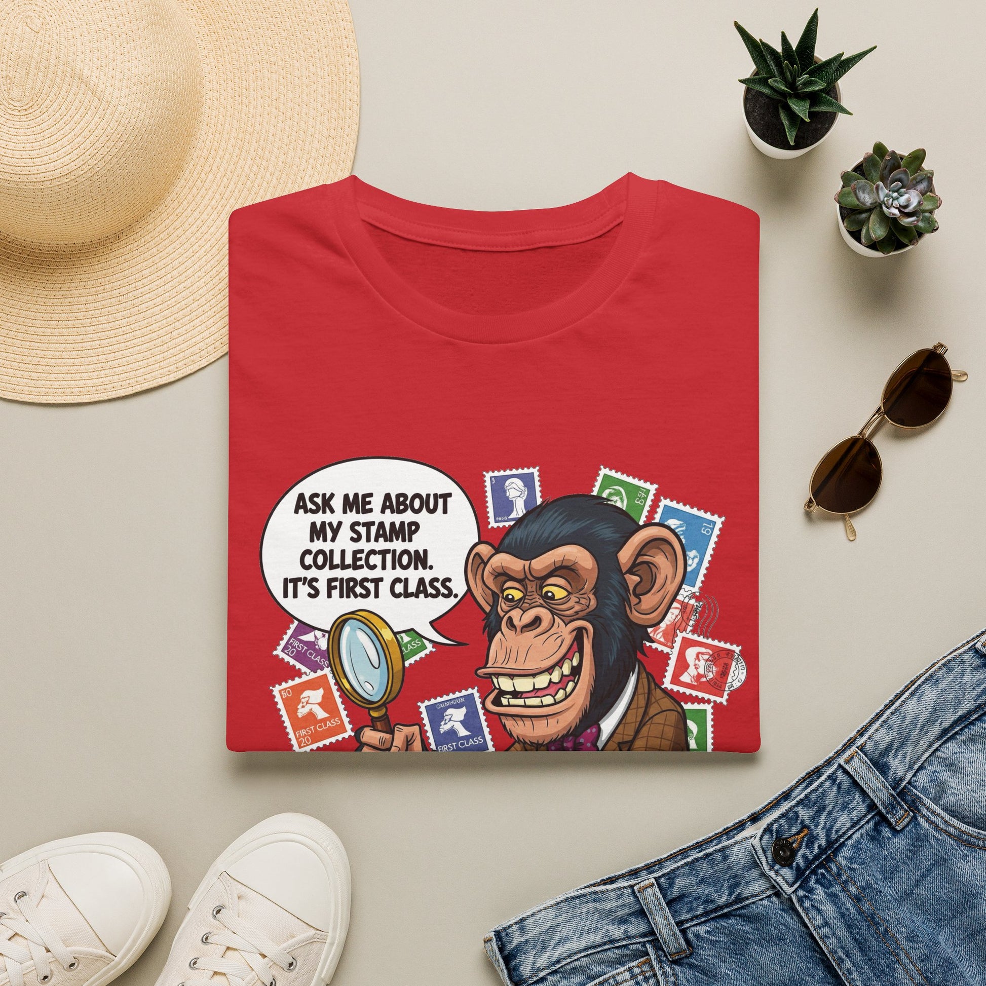 Funny Monkey T-Shirt, Ask Me About My Stamp Collection Tee, Gift for Stamp Collectors, Animal Lover Shirt, Humor Apparel