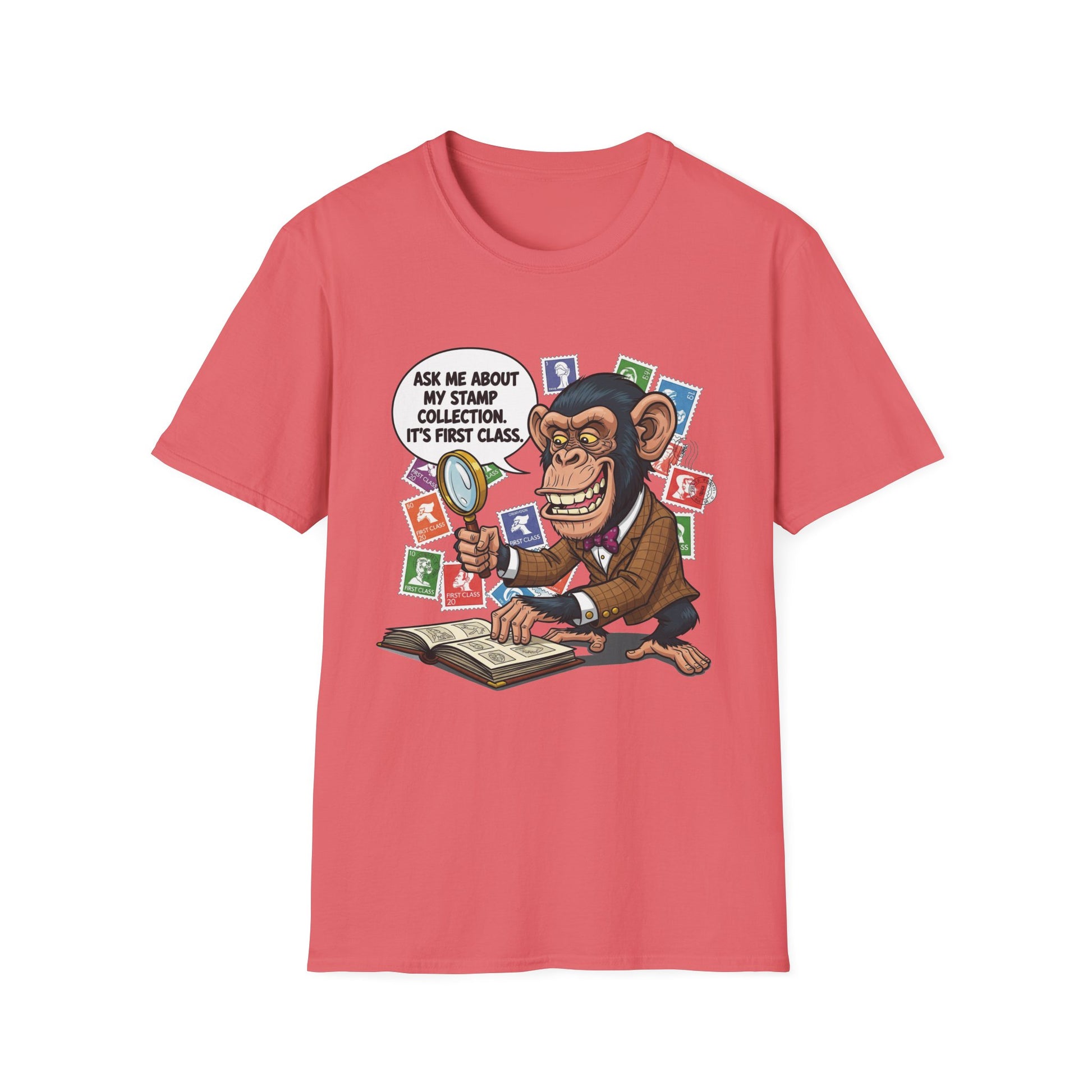 Funny Monkey T-Shirt, Ask Me About My Stamp Collection Tee, Gift for Stamp Collectors, Animal Lover Shirt, Humor Apparel