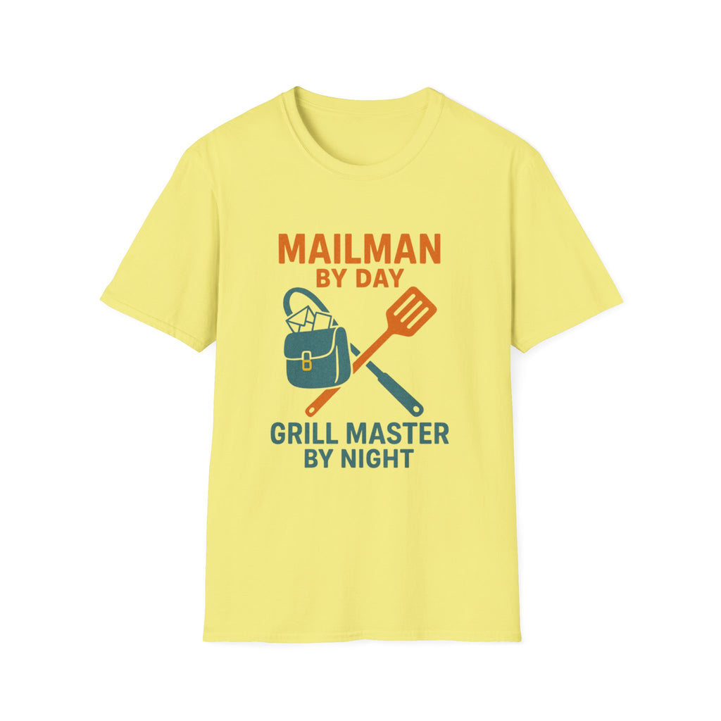 Mailman by Day, Grill Master by Night Unisex Softstyle T-Shirt, Gift for Dad, BBQ T-Shirt, Father's Day Gift, Funny Shirt