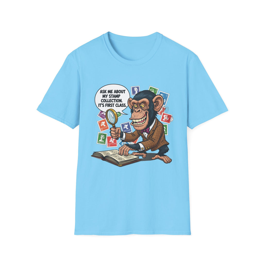 Funny Monkey T-Shirt, Ask Me About My Stamp Collection Tee, Gift for Stamp Collectors, Animal Lover Shirt, Humor Apparel