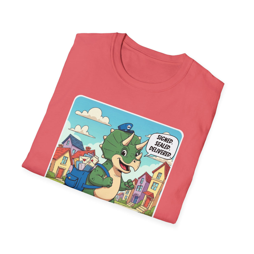Whimsical Dinosaur Adventure T-Shirt for Kids, Fun Graphic Tee, Unisex Softstyle Shirt, Birthday Gift, Playful Design, Casual Wear