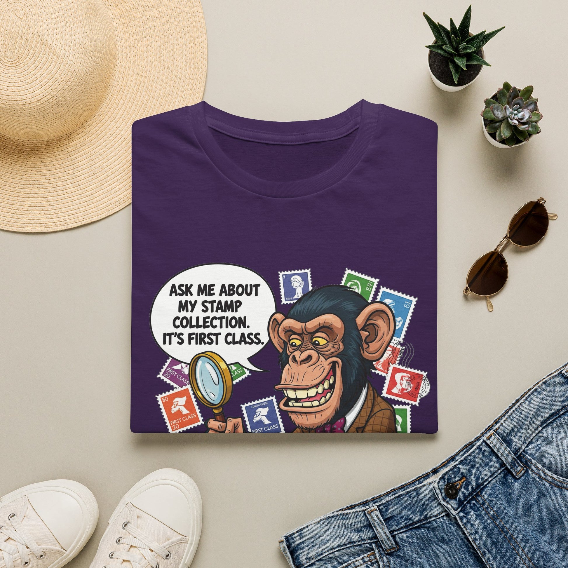 Funny Monkey T-Shirt, Ask Me About My Stamp Collection Tee, Gift for Stamp Collectors, Animal Lover Shirt, Humor Apparel
