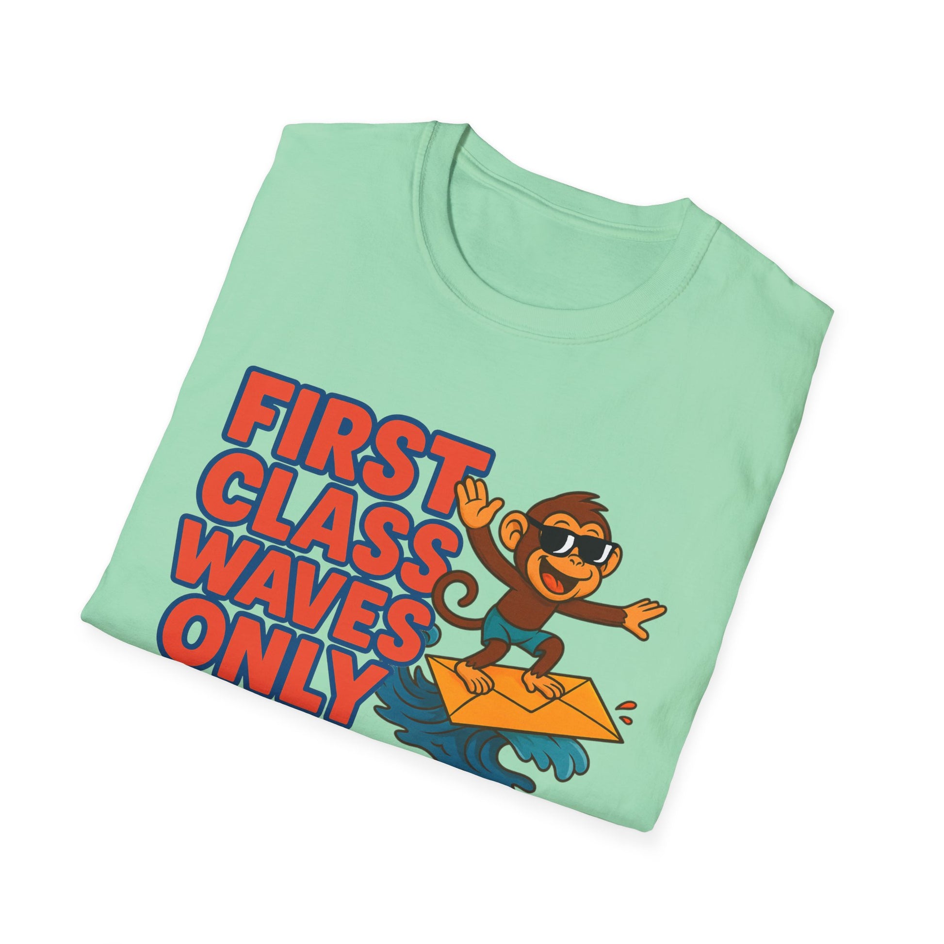 Unisex Softstyle T-Shirt - Beach Vibes, First Class Waves Only, Summer Attire, Surfing Gift, Casual Wear, Retro Tee